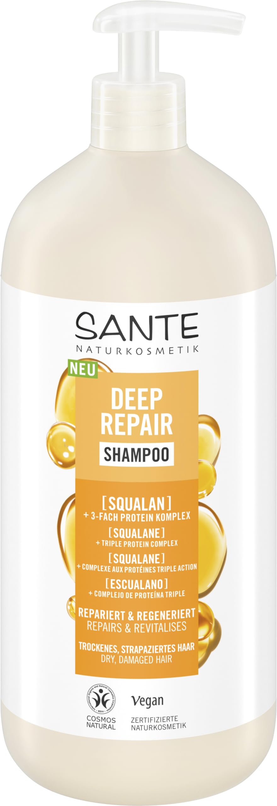SANTE Naturkosmetik Deep Repair Shampoo - 950 ml - mit Squalan & 3-Fach Protein Komplex - für trockenes & strapaziertes Haar - silikonfrei & vegan - dermatologisch getestet