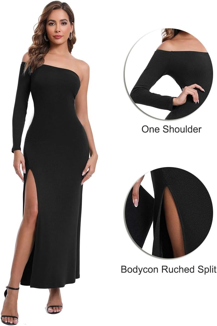 Aigeman Women Off Shoulder Long Sleeve Maxi Dress with Side Slit Palmer Formal Dress One Shoulder Evening Gown 351 - Image 6