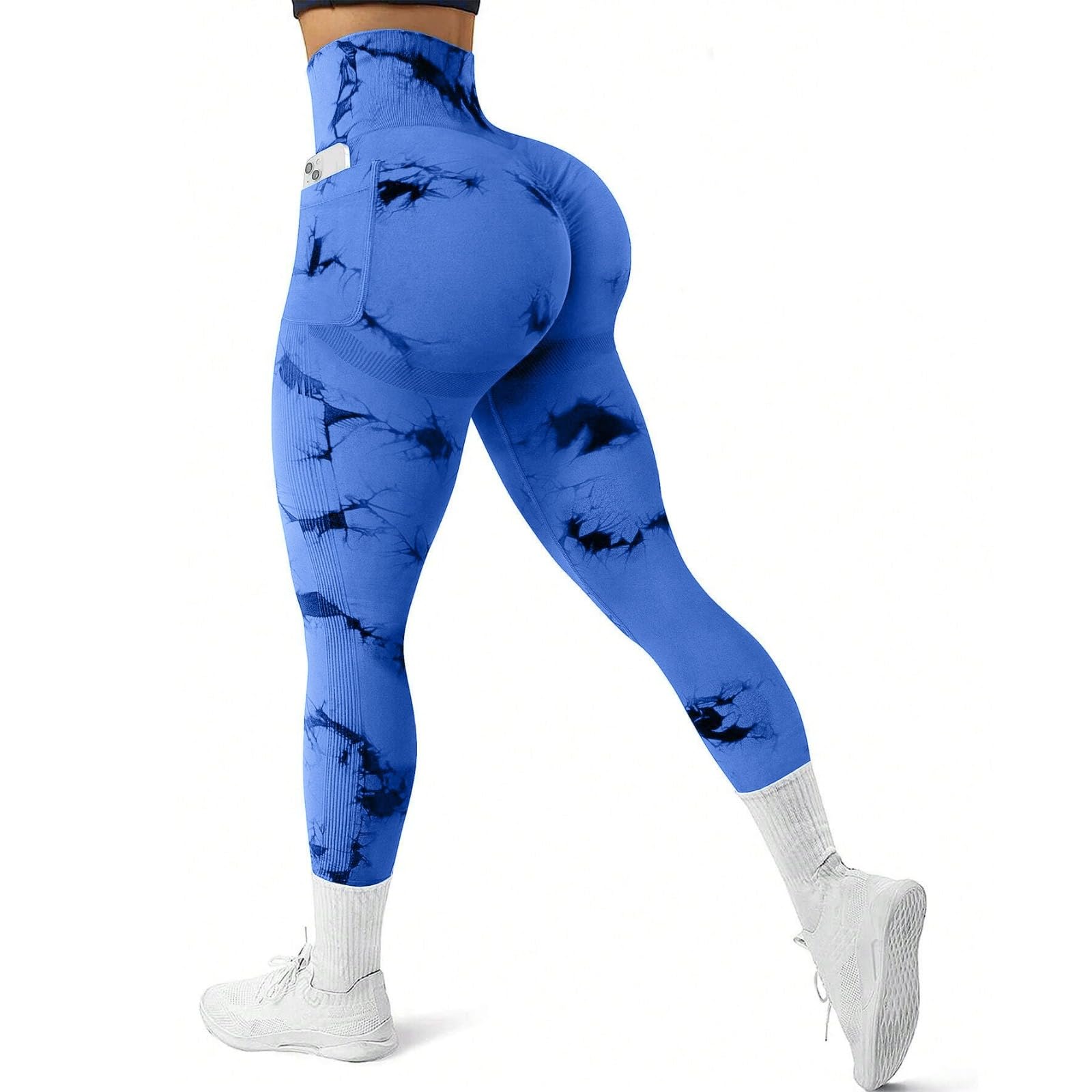 Litthing Women High Waist Leggings Scrunch Seamless Leggings Tie Dye Yoga Pants Workout Tummy Control Sport Tights for Yoga Running Fitness - S - Blue Black (Side Pocket)