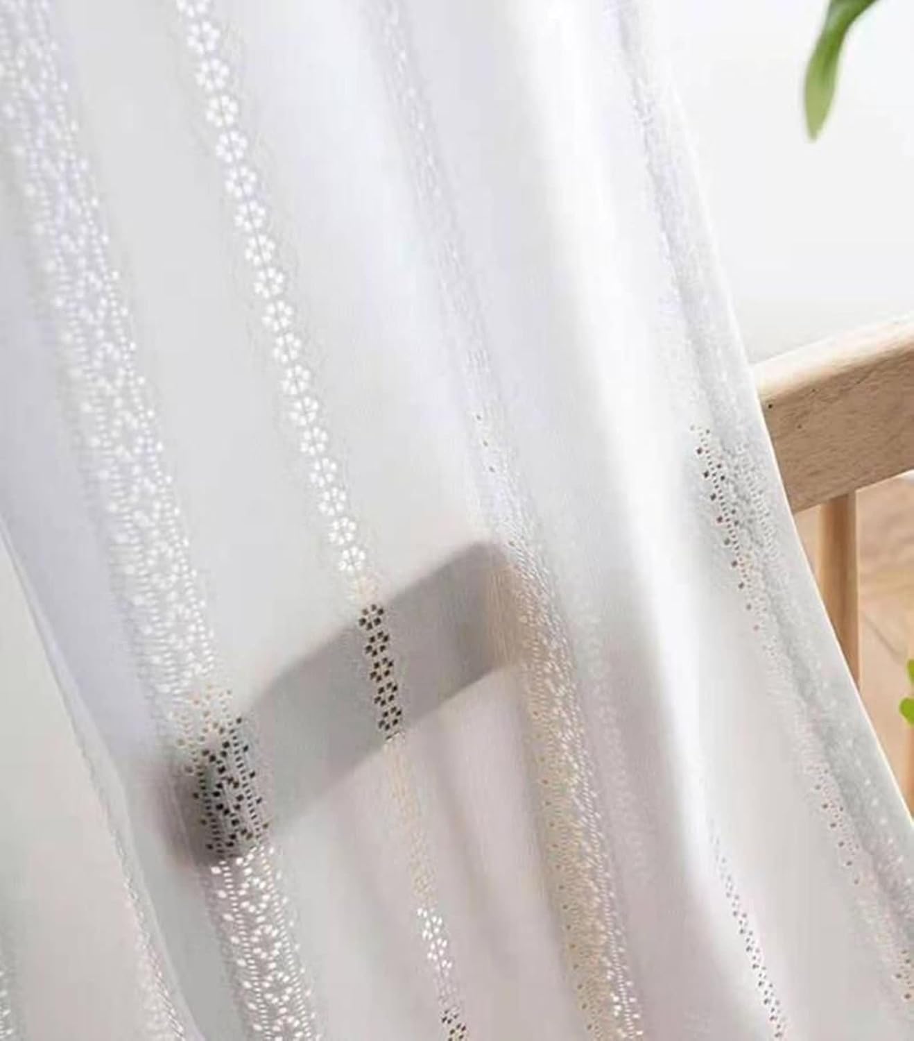 Daesar Window Curtains 2 Panel Sets 63 Inch Length, Hooks Sheer Curtains Solid Color Lace Hollow Striped Voile Curtains for Living Room Kitcken Window Treatment, 54x63 Inch White