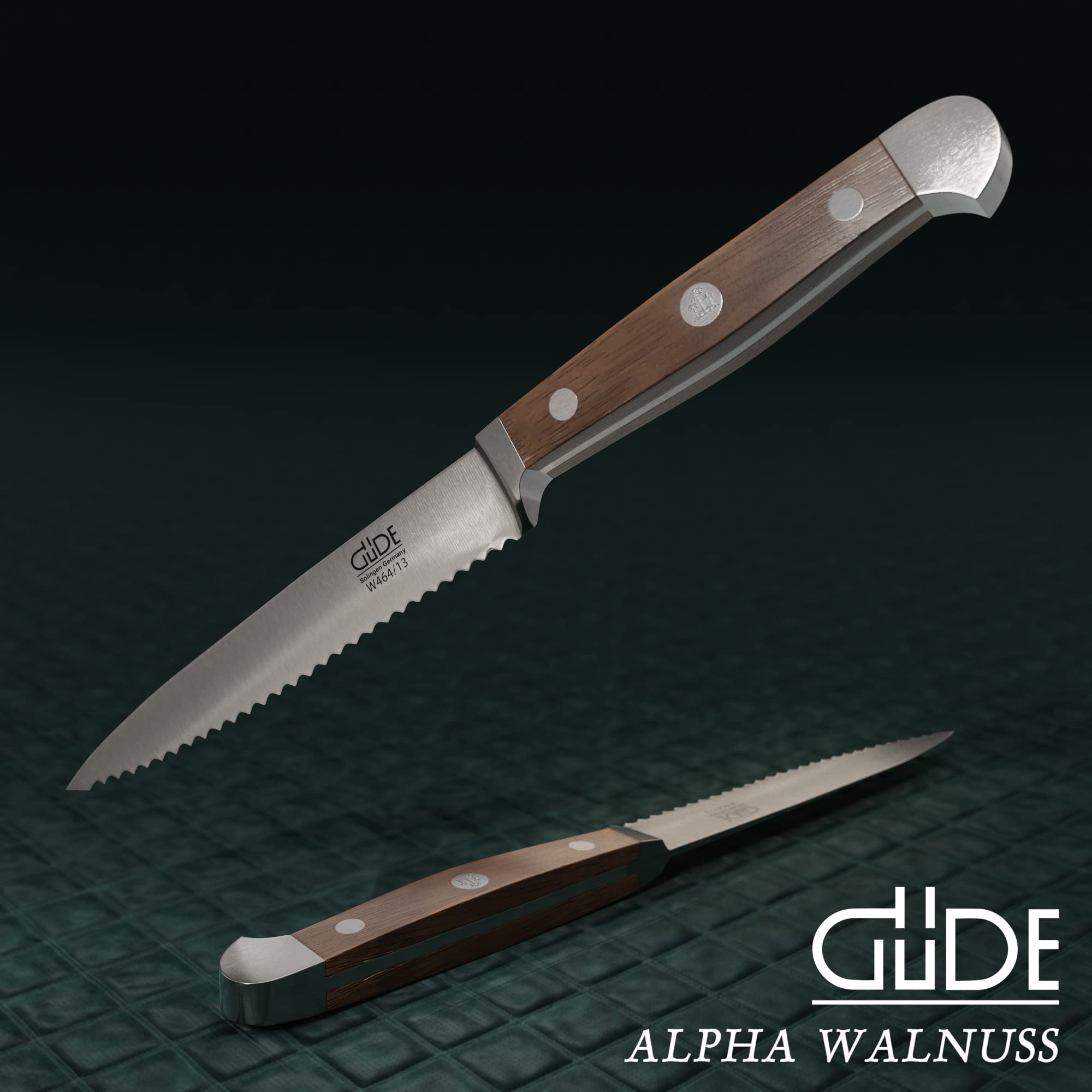 Güde Solingen - Cuchillo para tomate con sierra forjado, 13 cm, madera de nogal, ALPHA-WALNUT - doble virola, Hecho a mano en Alemania