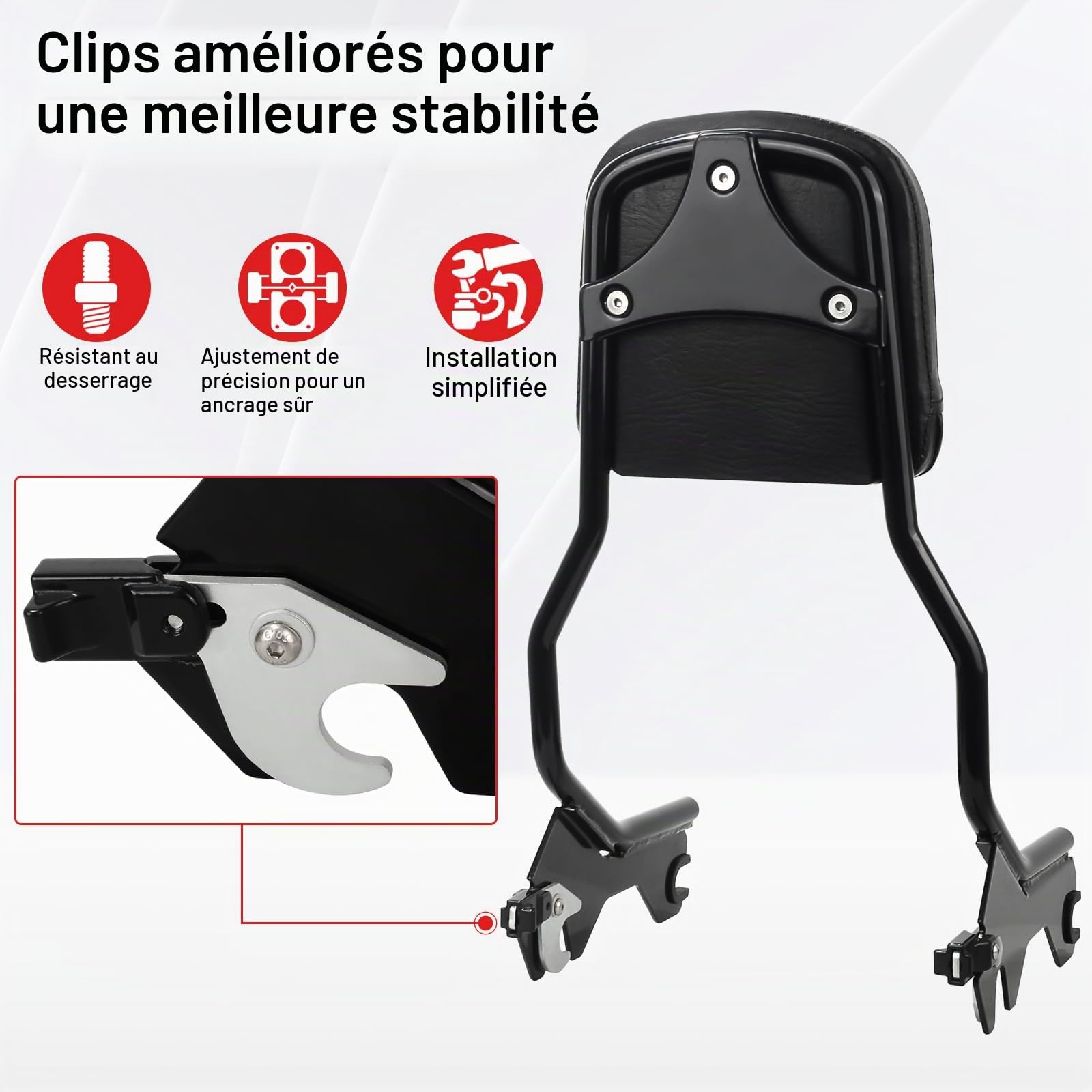 Kit Sissy Bar amovible avec dossier - Noir brillant, hauteur standard pour Harley Softail 2018-2026 FLDE FLHC FLHCS FLSL FXBB FXST