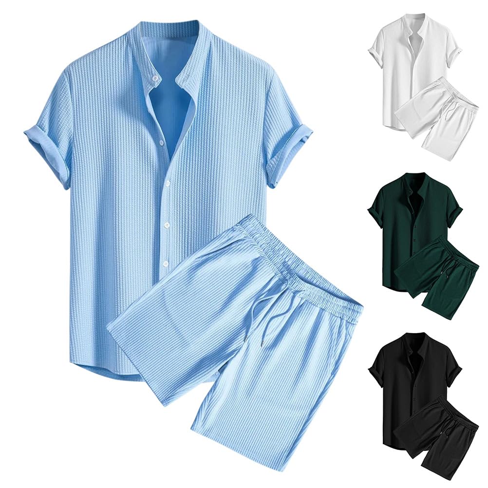 Tuta da Uomo Tinta Unita Camicia a Bottone + Pantaloncini 2 Pezzi con Tasche Abbigliamento Spiagge a Maniche Corte Tempo Libero e Sportivo Tuta Classico Estiva Sets