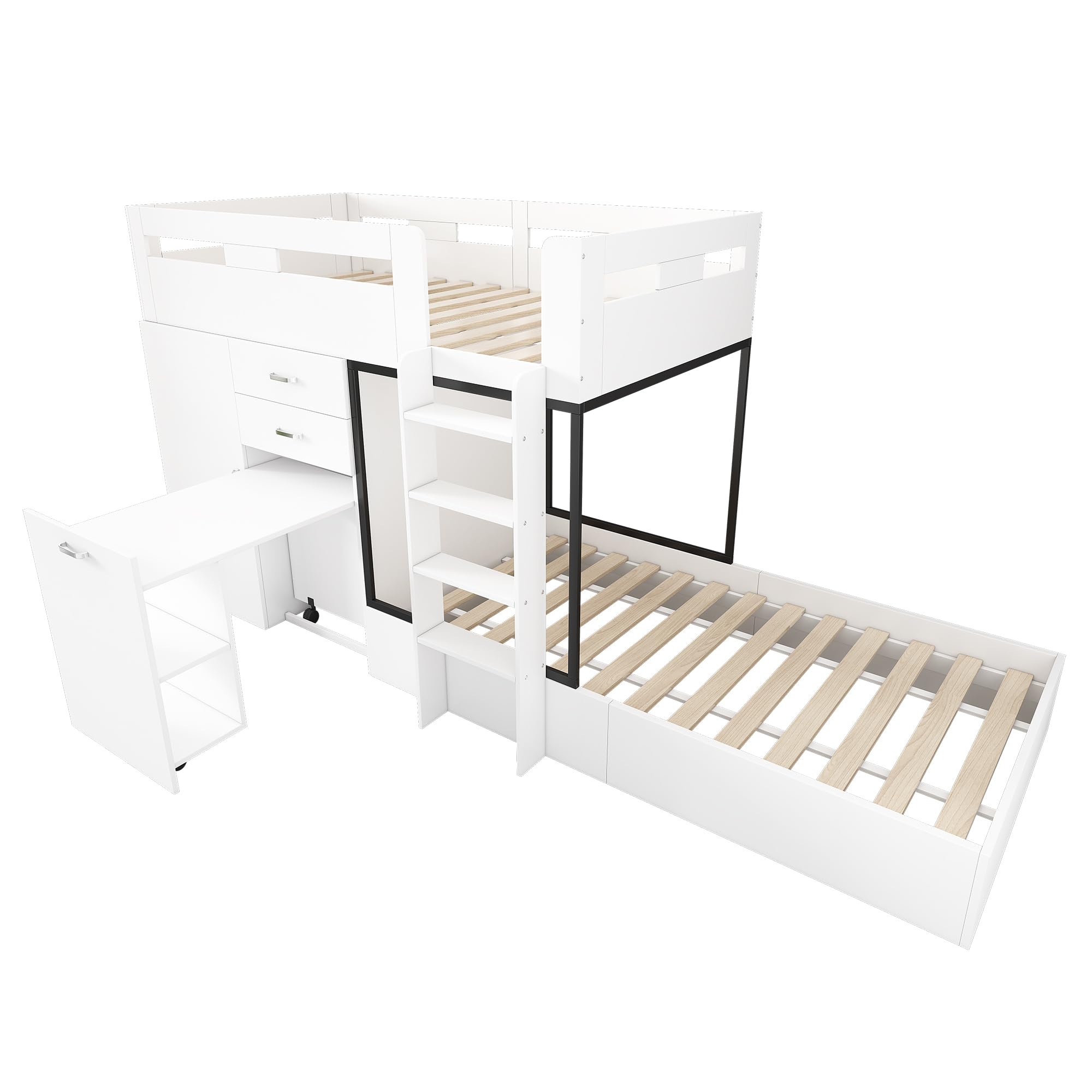 Moimhear Letto a castello con scrivania allungabile e armadio, letto a castello per bambini, con cassetto, ripiani e scale, senza materasso, 90 x 200 cm, bianco