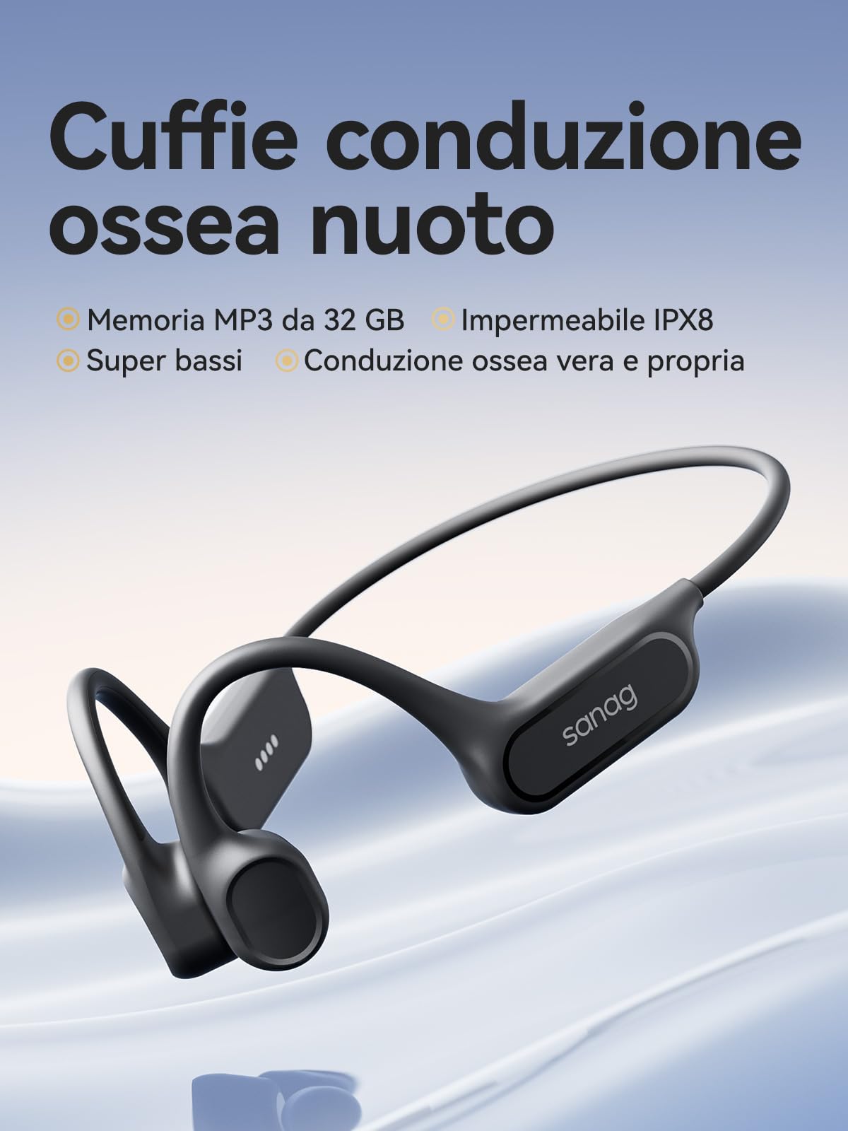 SANAG B33S Cuffie Conduzione Ossea Nuoto, Cuffie Subacquee per Piscina IPX8 Impermeabili con Wireless Bluetooth, Microfono, Lettore MP3 da 32G, 8 Ore di Riproduzione, Auricolari Nuoto Musica, Nero