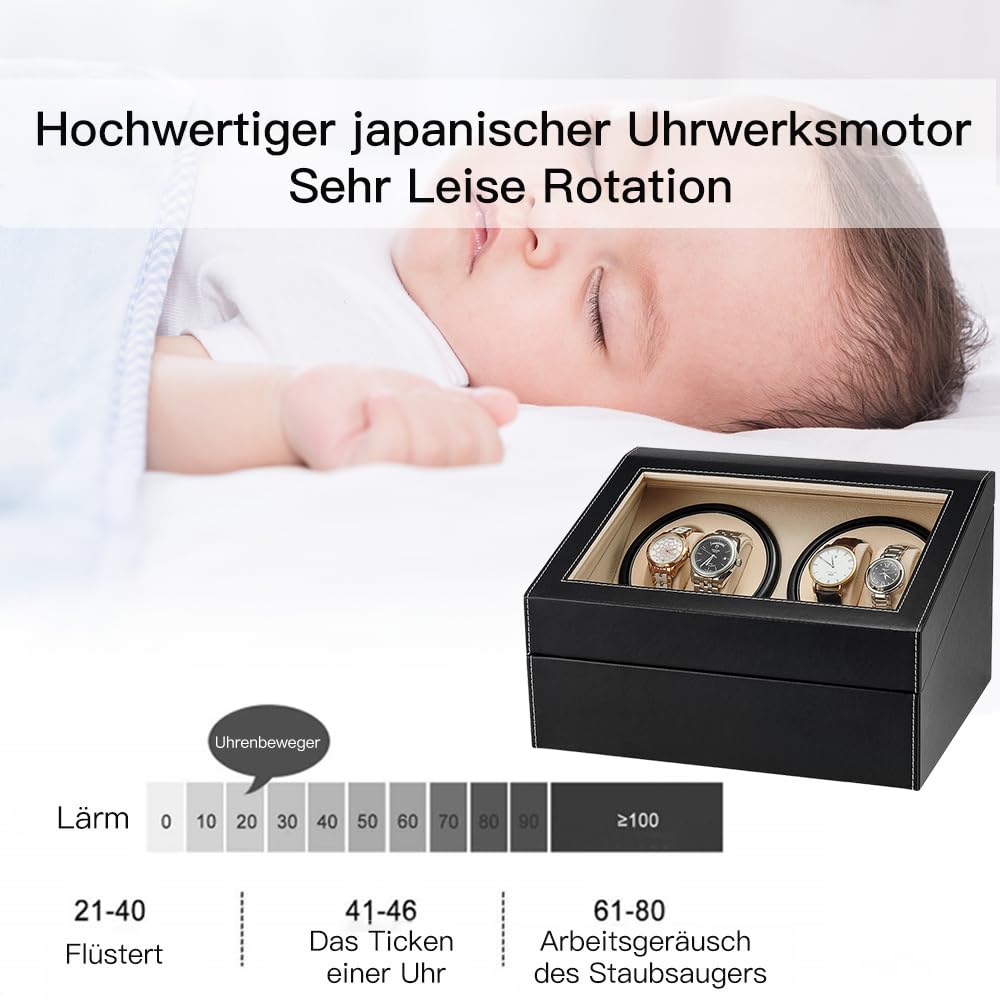 Automatische Uhrenbeweger Box,luxuriöser Uhrenbeweger,Uhrengehäuse mit leisem Mabuchi Motor,PU-Leder Uhrengehäuse mit Netzteil,Lagerung Schmuckschatulle…