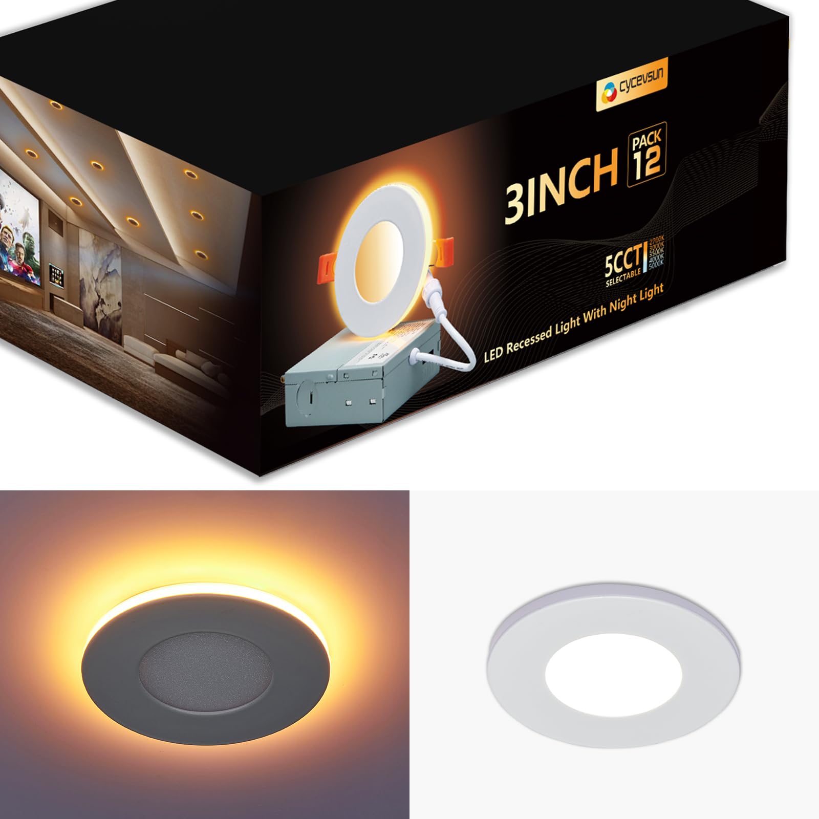 CycevSun Pot Lights LED 3 Inch Recessed Lighting with Night Light, Dimmable & 5CCT Selectable, Wafer Downlight, 6W, cETL, 12 Pack, IC & Wet Rated