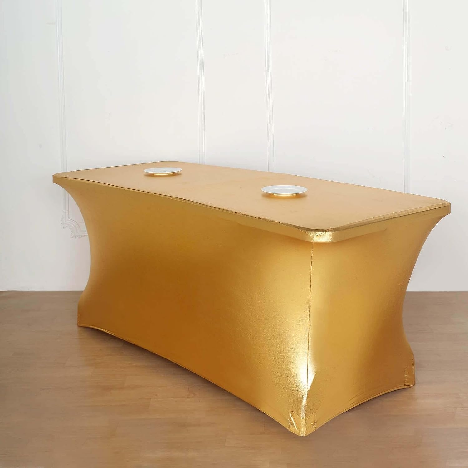 Efavormart 6FT Metallic Rectangular Stretch Spandex Table Cover for Wedding Kitchen Dining Events - Gold