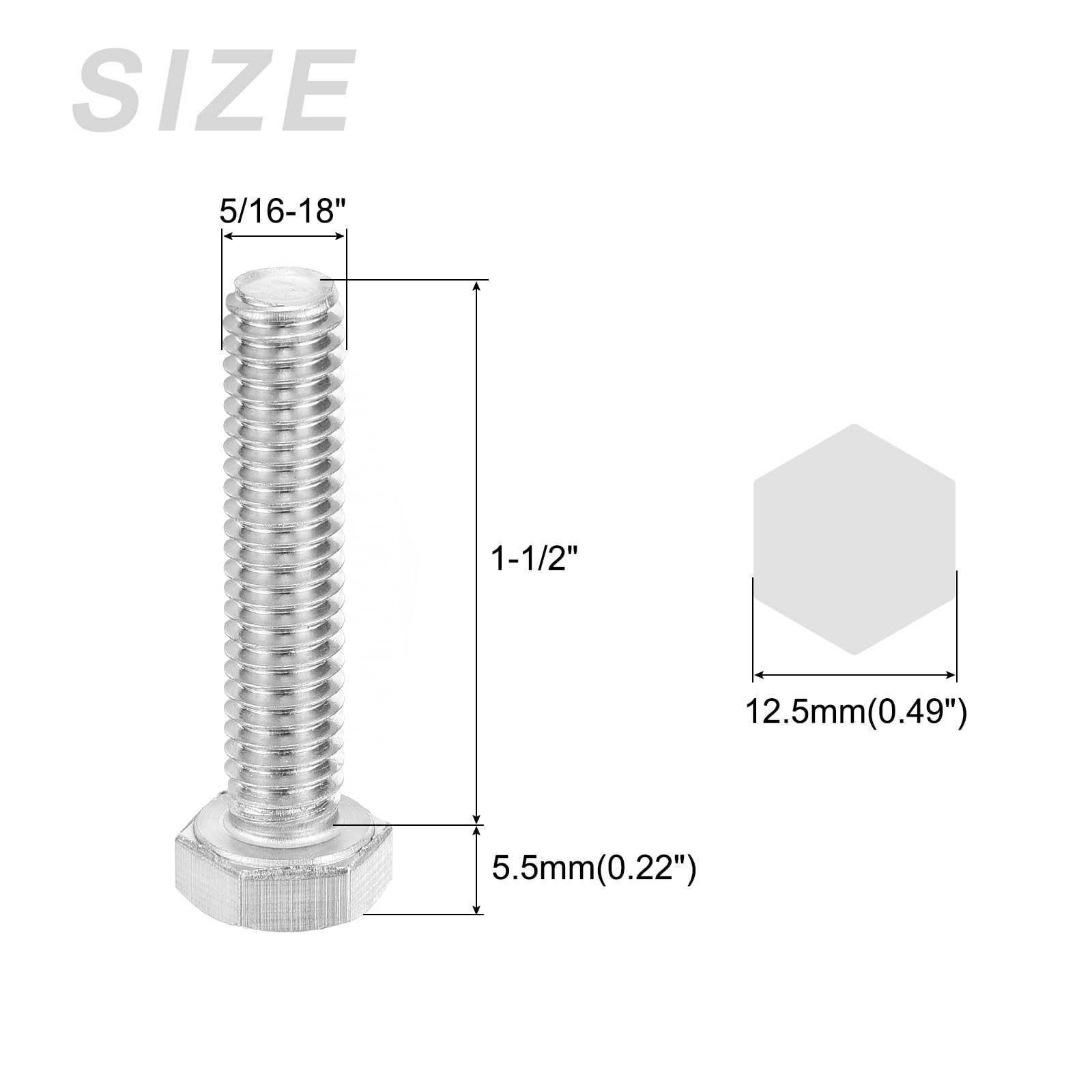 METALLIXITY Hex Head Screw Bolt (5/16-18x1-1/2") 10Pcs, 316 Stainless Steel, Fully Threaded, External Hex Drive - Image 2