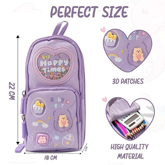 Image of PRANIJ Cute Aesthetic Large Capacity 6 Layer with 3 Compartment Pencil Case Pouch with Zipper Portable Stationery Organizer for School College Boys Girls Women Men (Purple - Happy Times)