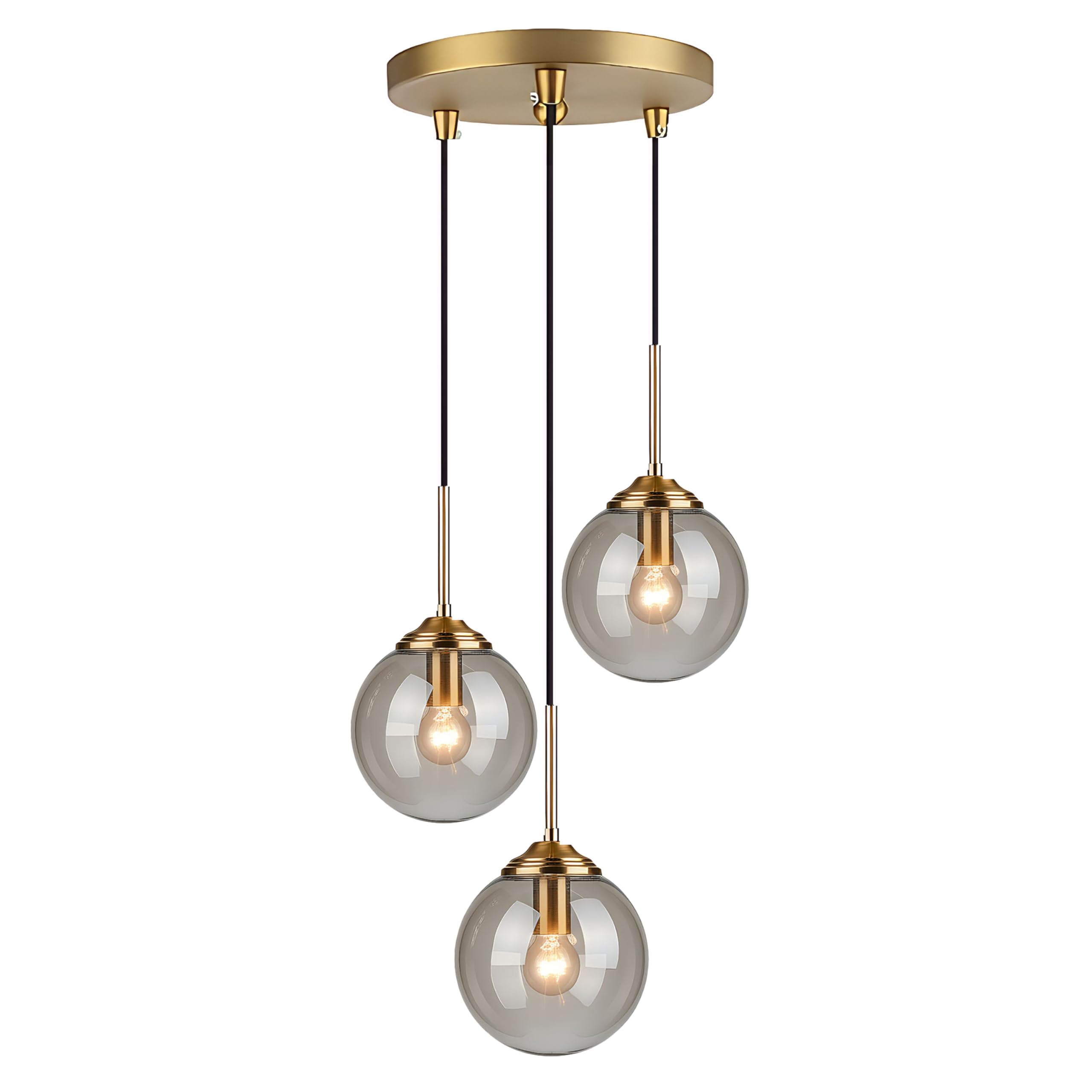 Lfsem Grey, 3-Light Vintage 3 Pendants Ceiling Light Fixture,Spherical Glass Shades & Gold E27 Metal Fittings, Adjustable Hanging 3-Light Chandelier For Kitchen Island, Dining Room (Gray)