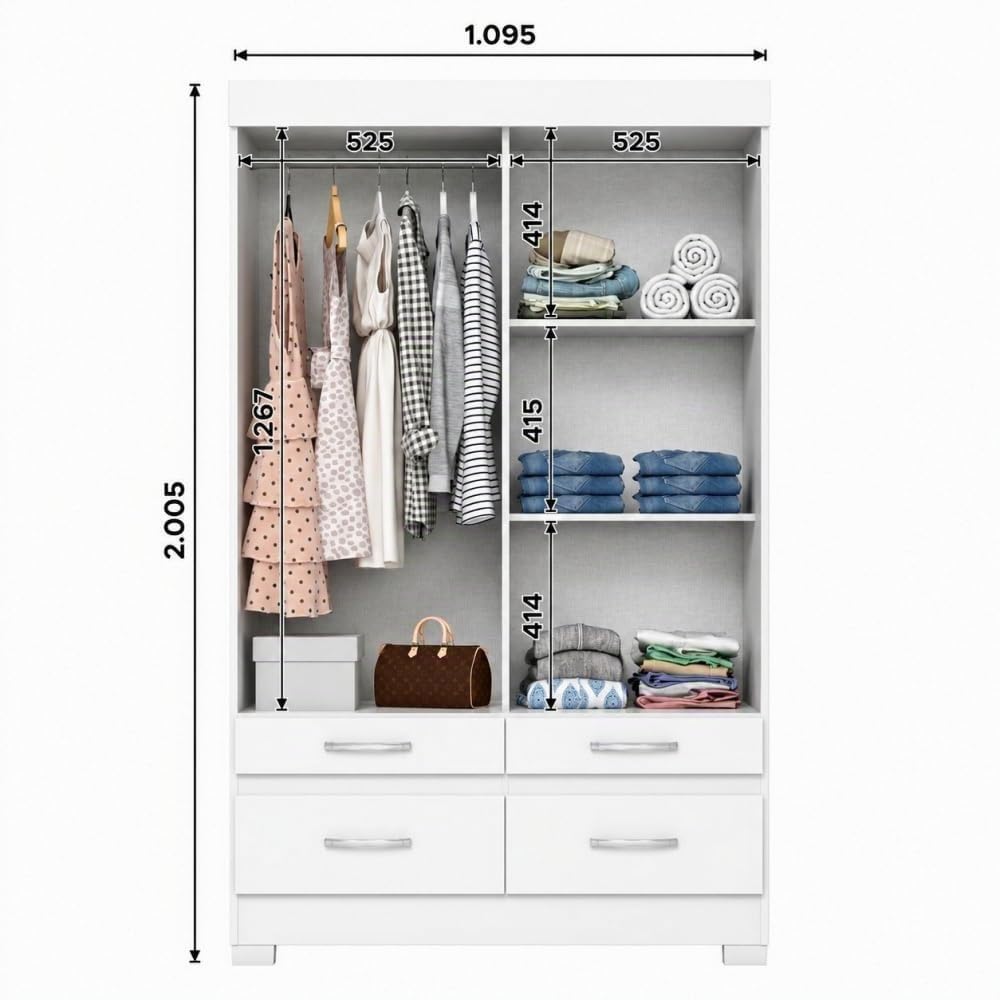Befara Armoire À Portes COULISSANTES ET 4 TIROIRS Elias, Blanc, 109,5 x 48,5 x 200,5 cm, Armoire à Portes coulissantes Blanche avec Quatre tiroirs, Barre de Suspension et étagères