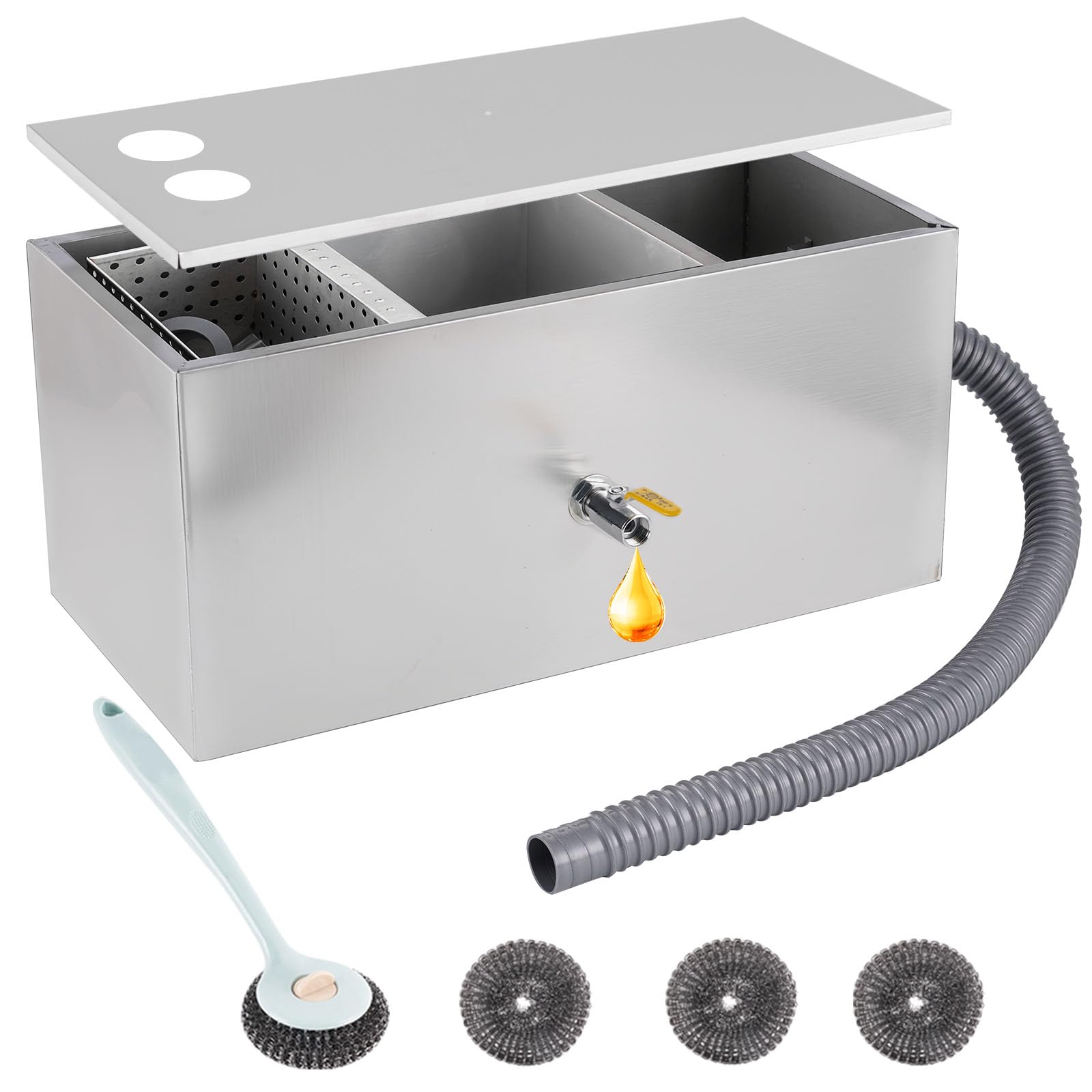 YUCHENGTECH Trampa de grasa comercial de acero inoxidable de 50 L, separador de filtro de aceite de agua con 2 entradas superiores y cepillo de limpieza para el hogar, restaurante, comedor, fregadero