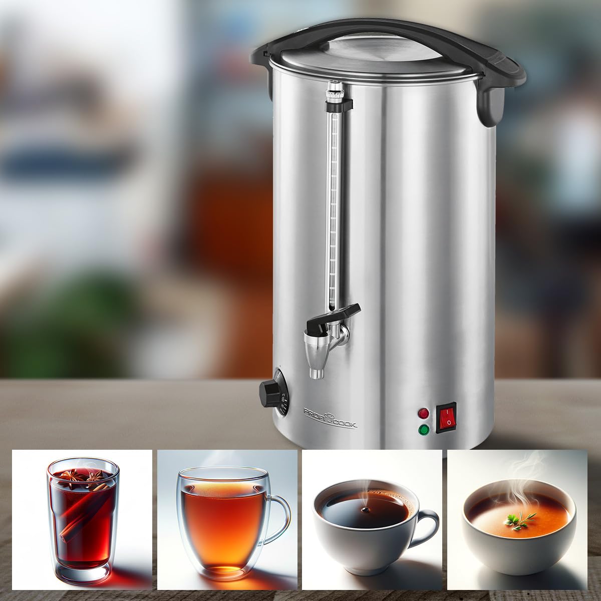 ProfiCook PC de HGA 1111 Bebidas Calientes y vino caliente de goteo, carcasa de acero inoxidable, 16 L, indicador de llenado, Inox