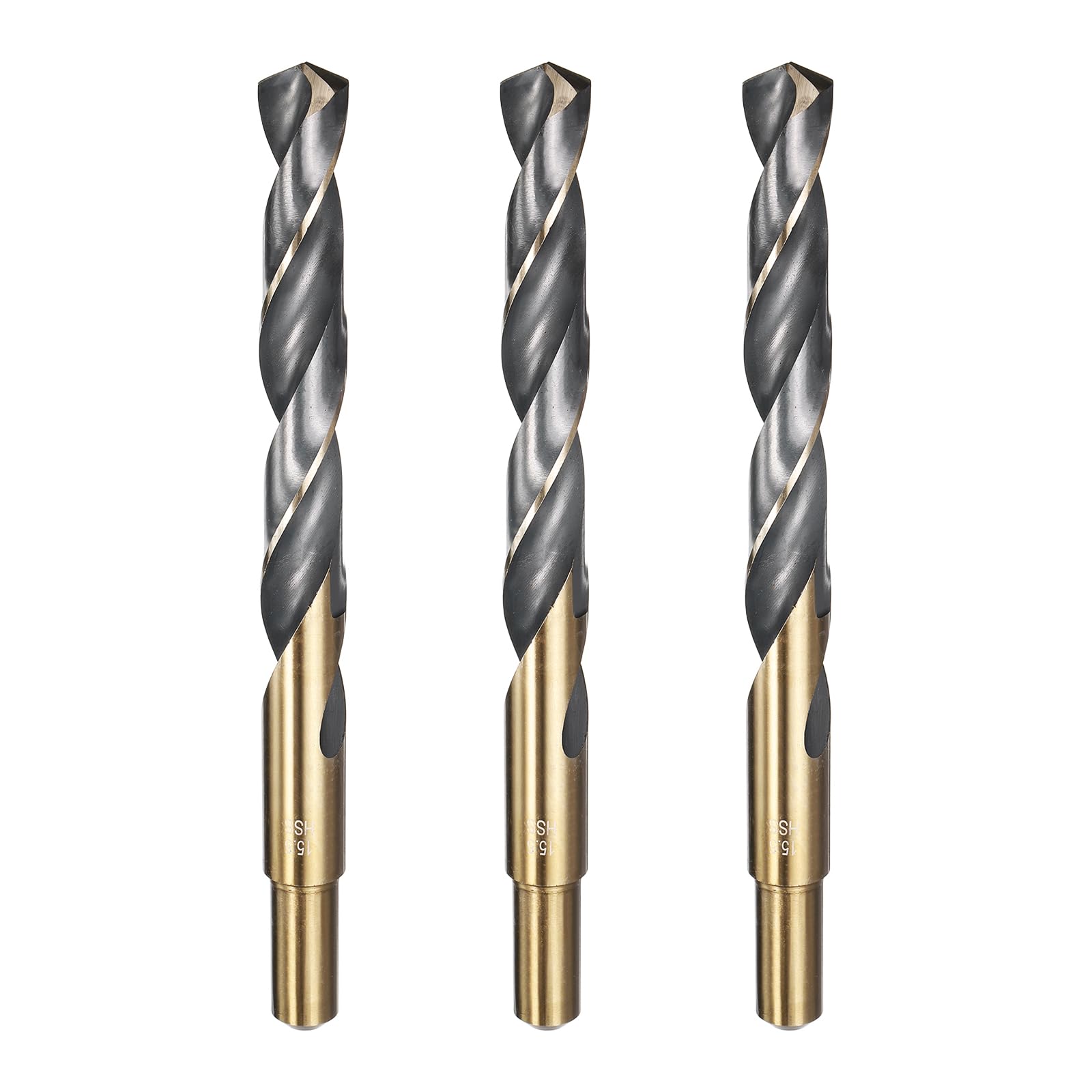 sourcing map 4pcs Reduced Shank Twist Drill Bit 15.5mm Dia 13mm Shank High Speed Steel M2 Black and Gold Oxide Finish Drill Bits for Drilling Hard Metals, Stainless Steel, Cast Iron