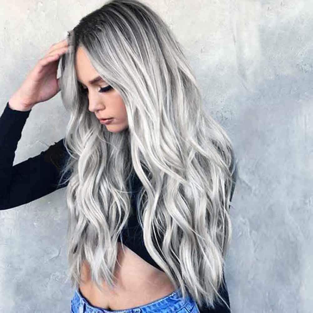 PORSMEER Long Ombre Silver Grey Wavy Curly Wig Middle Part 26 Inch for Women Natural Synthetic Hair Heat Resistant Fiber,Halloween Costume Wigs For Women - Image 2