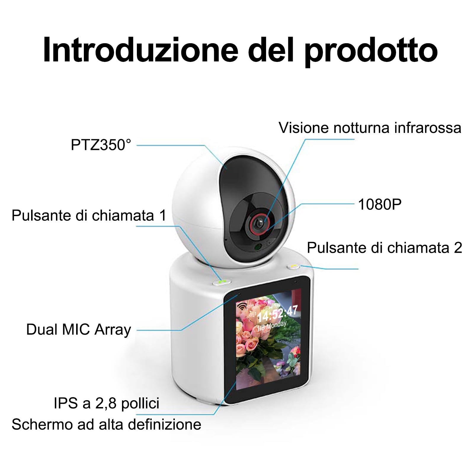 Telecamera WiFi interni, orientabile, videochiamate, videocamera intelligente, monitoraggio video per bambini, display HD da 2,8 pollici, con IR notturno
