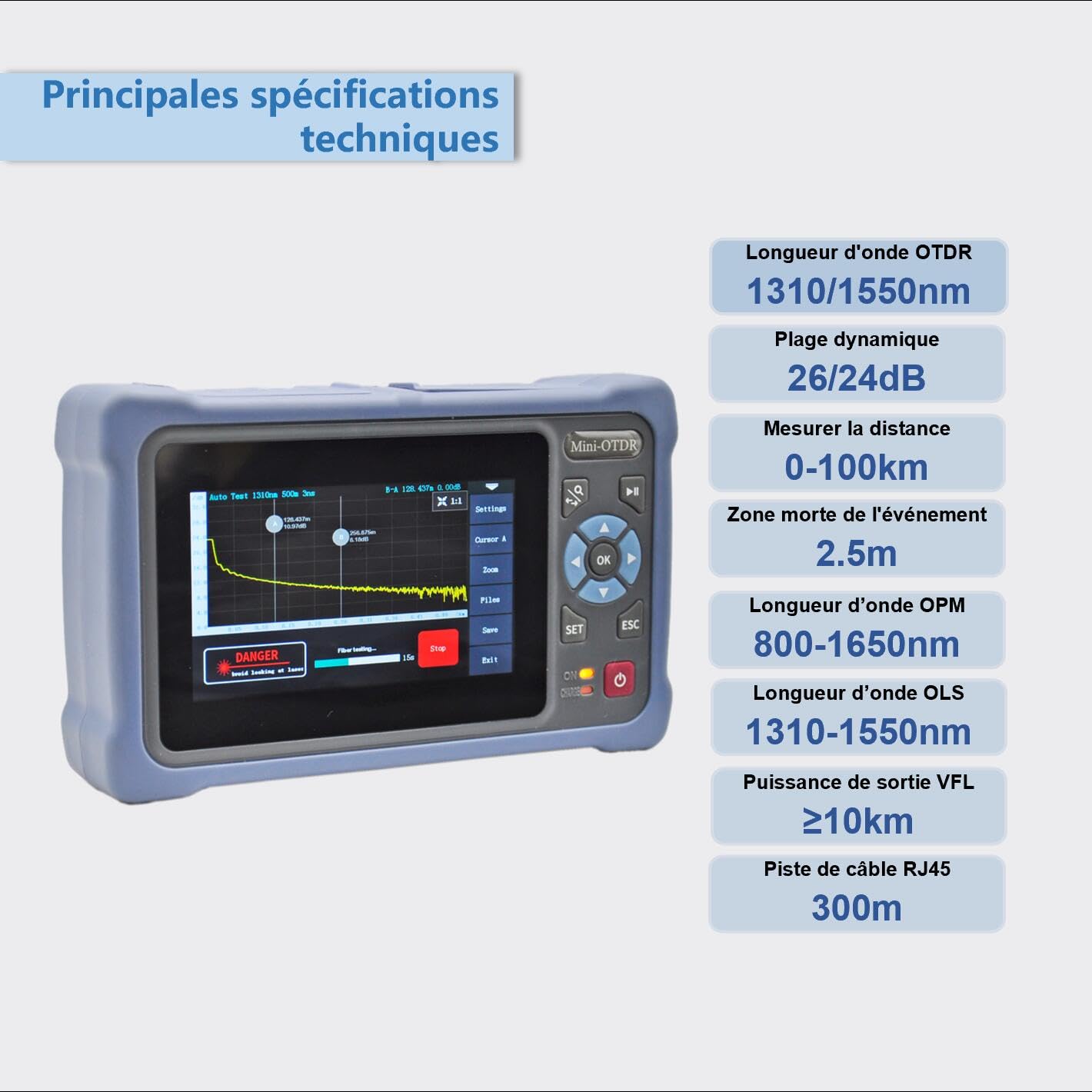 OTDR Fibre Optique 1310/1550nm 26/24dB avec écran tactile de 4,3 pouces, Reflectometre fibre optique OTDR 11-en-1 avec carte des événements VFL OPM OLS RJ45, connecteurs FC/UPC SC ST LC inclus