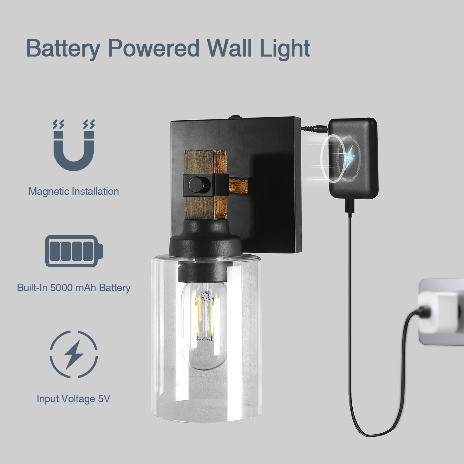 Floresita Battery Operated Wall Sconce 2-Pack Farmhouse Rechargeable Wall Lamp No Wired Required, Easy Install Cordless Wall Light