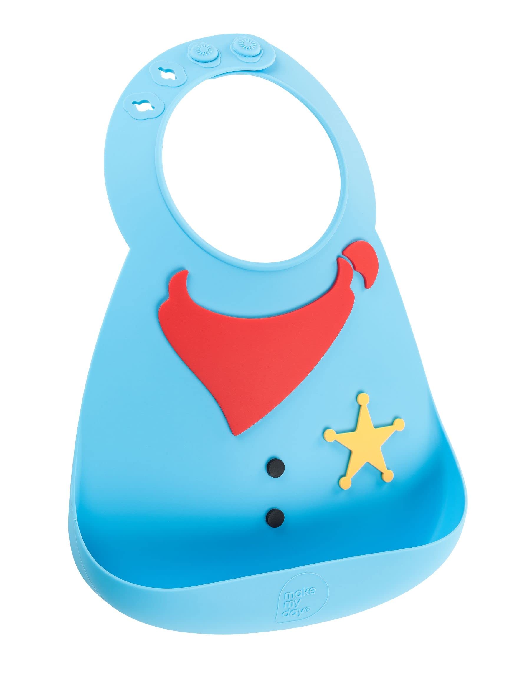 ABBY&FINN Silicone Baby Bib, Cowboy Sheriff, Western, Blue, BPA Free Silicone, Easy Wipe Clean, Dishwasher Safe, For Baby & Toddler, Pack of 1