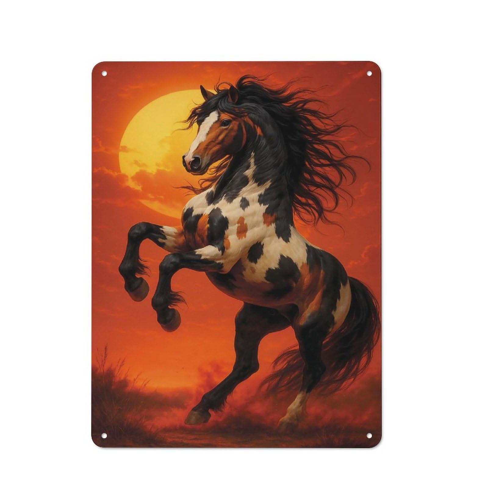 Junmoney Majestic Horse Rearing Under A Fiery Sky Vintage Metal Plaque 40X30cm, Bistro Wall Plaque For Coffee Bar, Kitchen, Bistro Or Tea Corner
