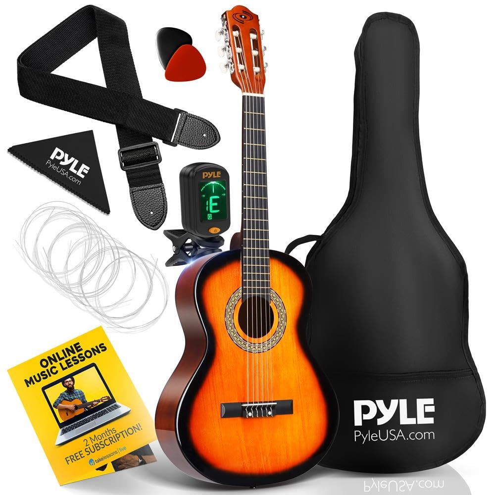 Pyle klasyczna gitara akustyczna 36" dla początkujących – gitara 6-strunowa w rozmiarze 3/4 Junior z drewna lipowego, z pokrowcem, stroikiem, nylonowymi strunami, kostkami i paskiem na ramię