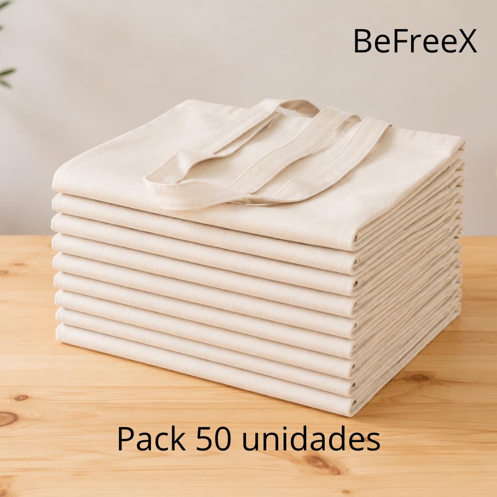 Bolsa de Tela de Algodón Natural 37 x 41 cm con Asas Largas | Tote Bag Reutilizable para la Compra | Bolsa de Tela Multiusos | Disponible en Packs de 10, 25 o 50 Unidades