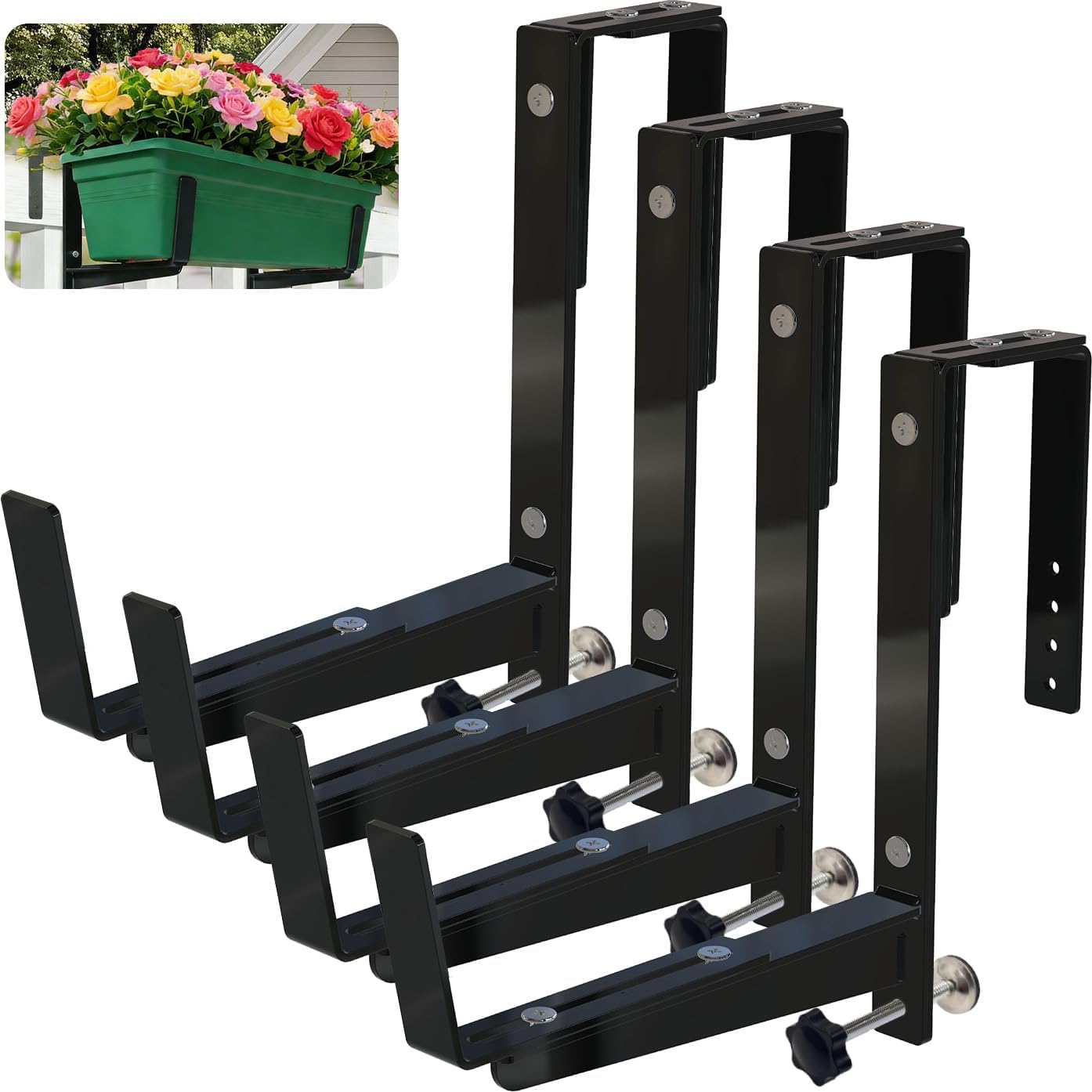 Heavy Duty Adjustable Window Box Brackets - Iron Planter Box Hangers with Reinforced Bottom Support for Balcony, Fence, Railing, Garden - Rust-Proof & Sturdy Flower Pot Holders
