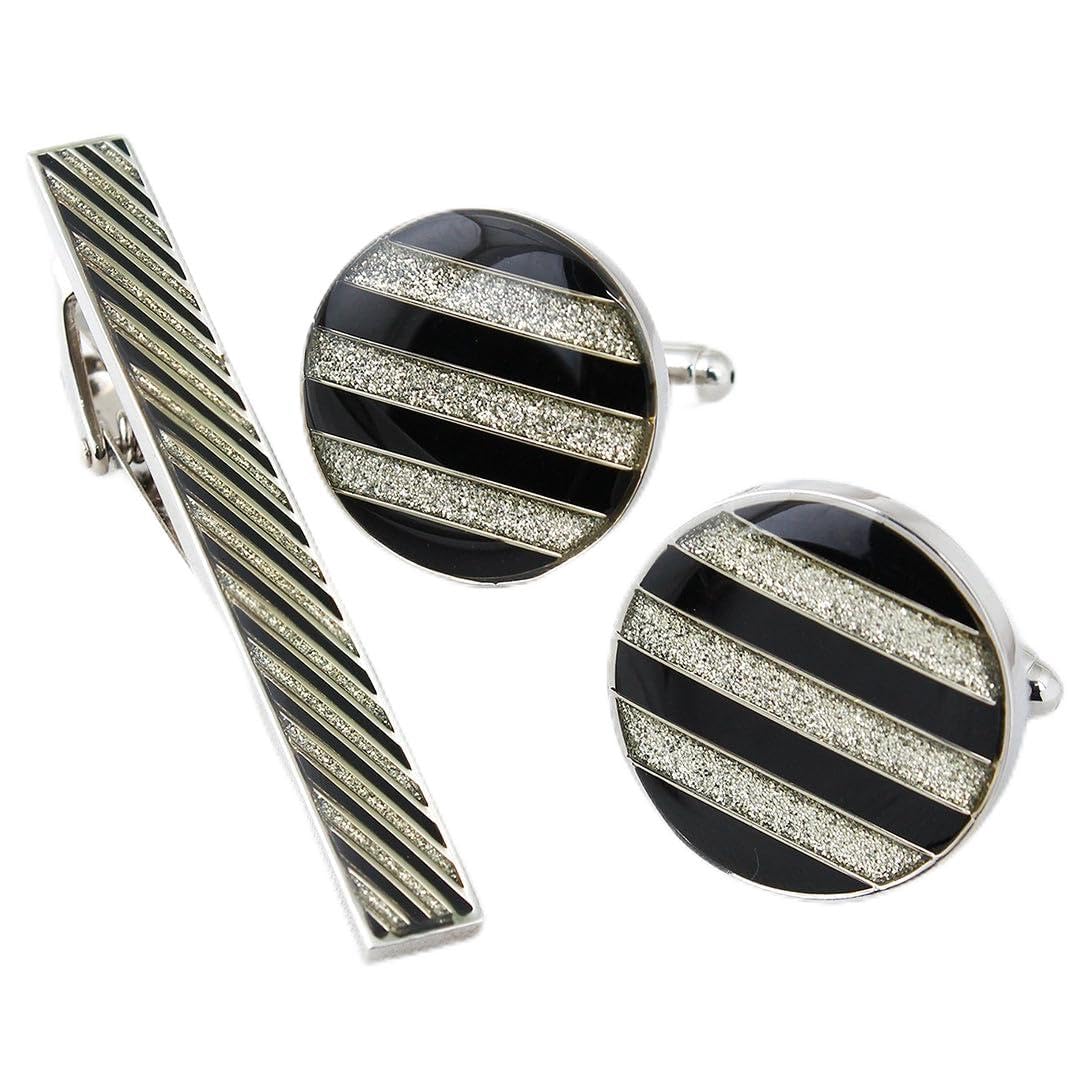 peluche Crystal Stripe Silver Colored Cufflink and TiePin Set for Men-picture-2