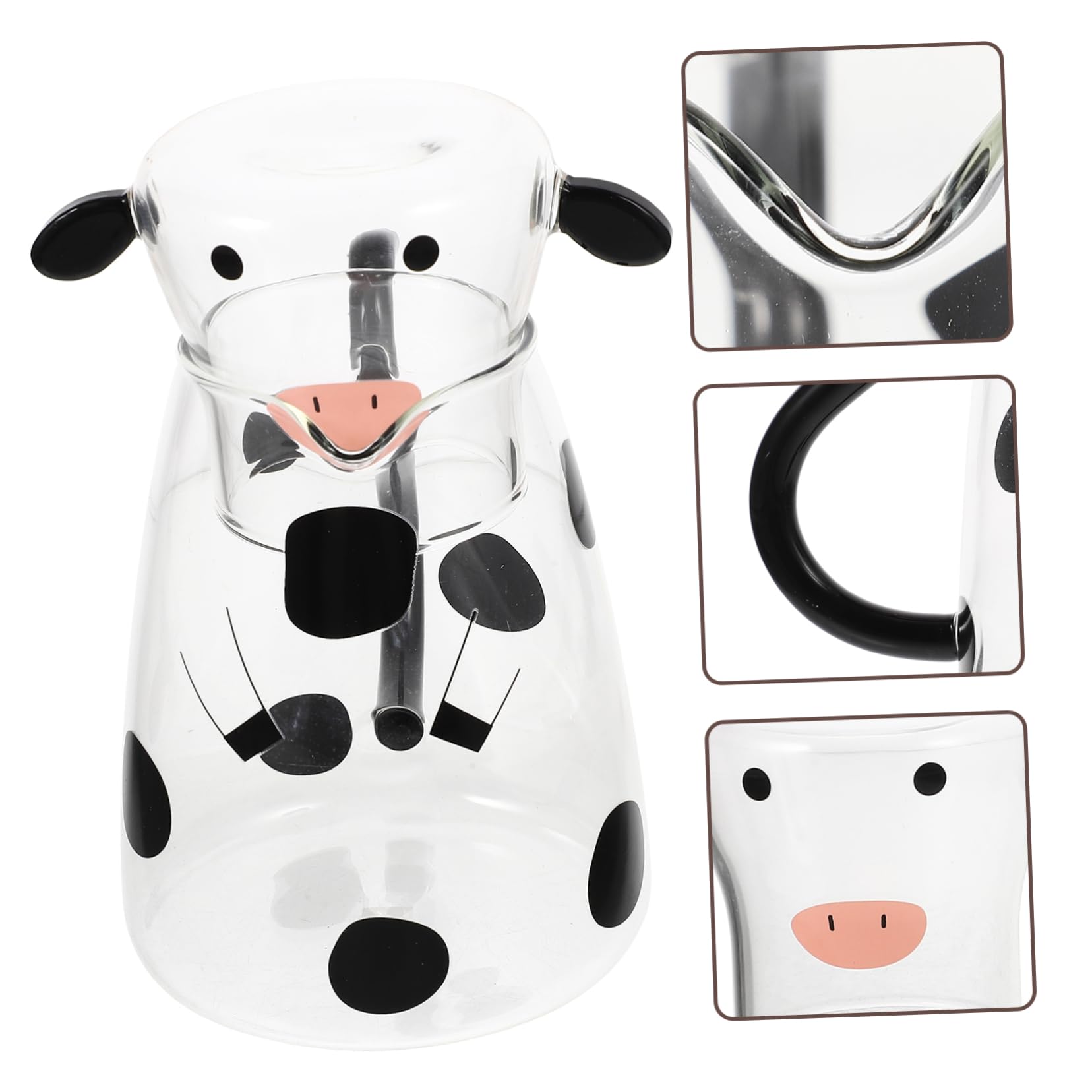 Jarra de Agua de Cristal Forma de Vaca 550ml, 1 Juego | Vidrio Transparente, Vaso y Cuchara, para Agua Fría, Té Helado, Leche y Cerveza
