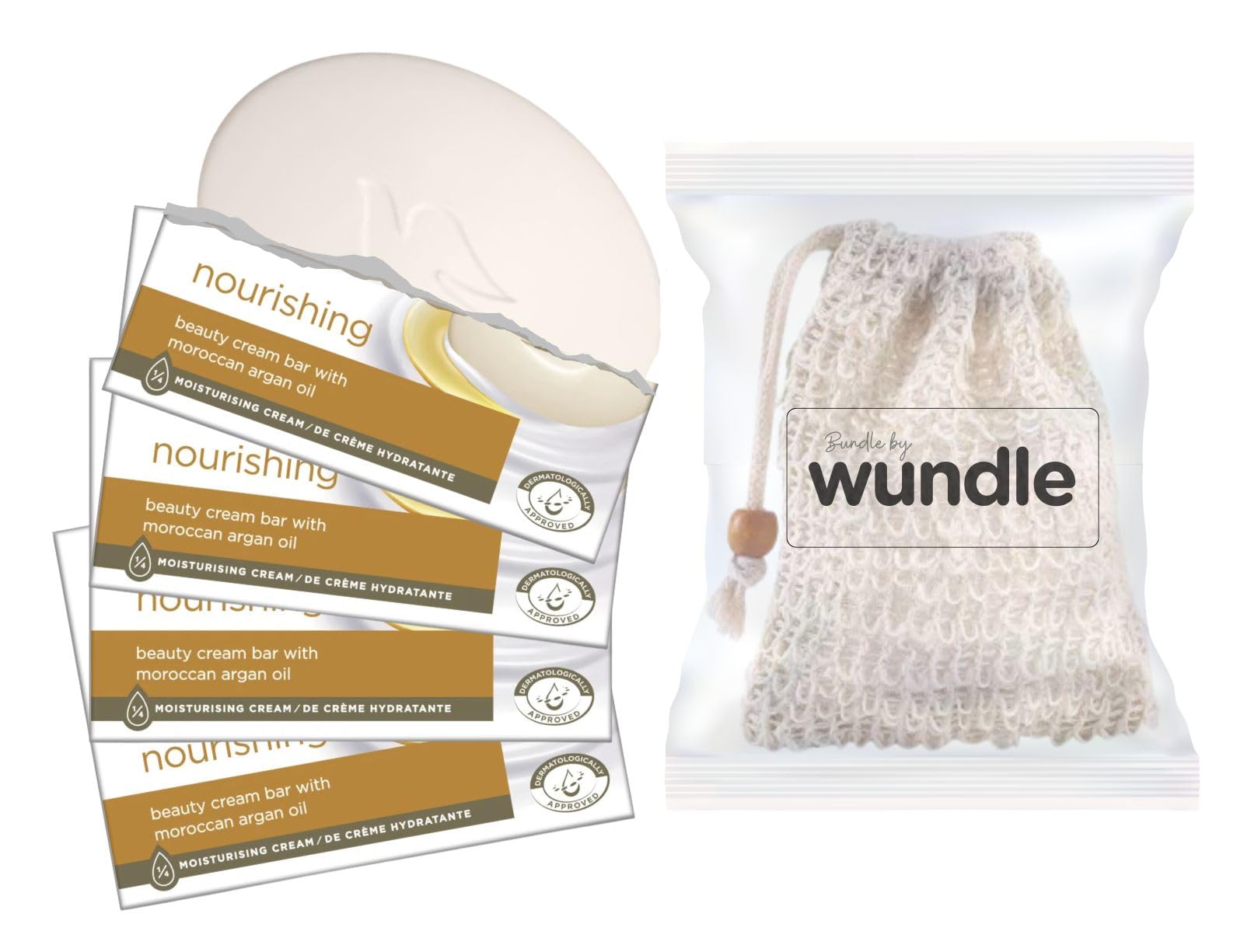 Wundle Bundle Soap Saver Exfoliating Pouch with 4 x Nourishing Moisturising Soap Bars (Morrocan Argan Oil)