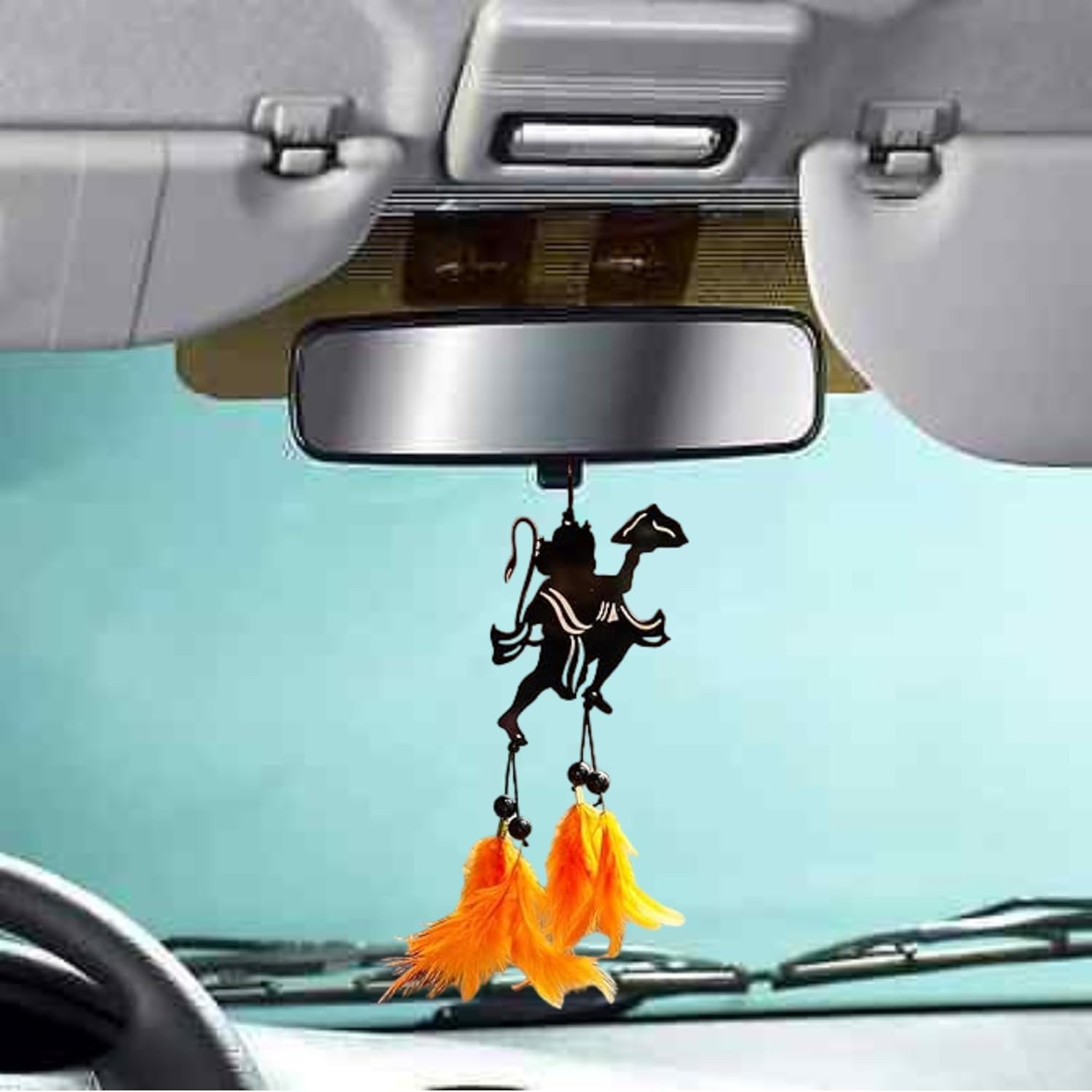 Acrylic Dream Catcher Car HangingLord Hanuman Orange Feather Theme/withOrigional Feather/Car Hanging Decor/Pack of 1 (Flying Hanuman DC -41)-image-40