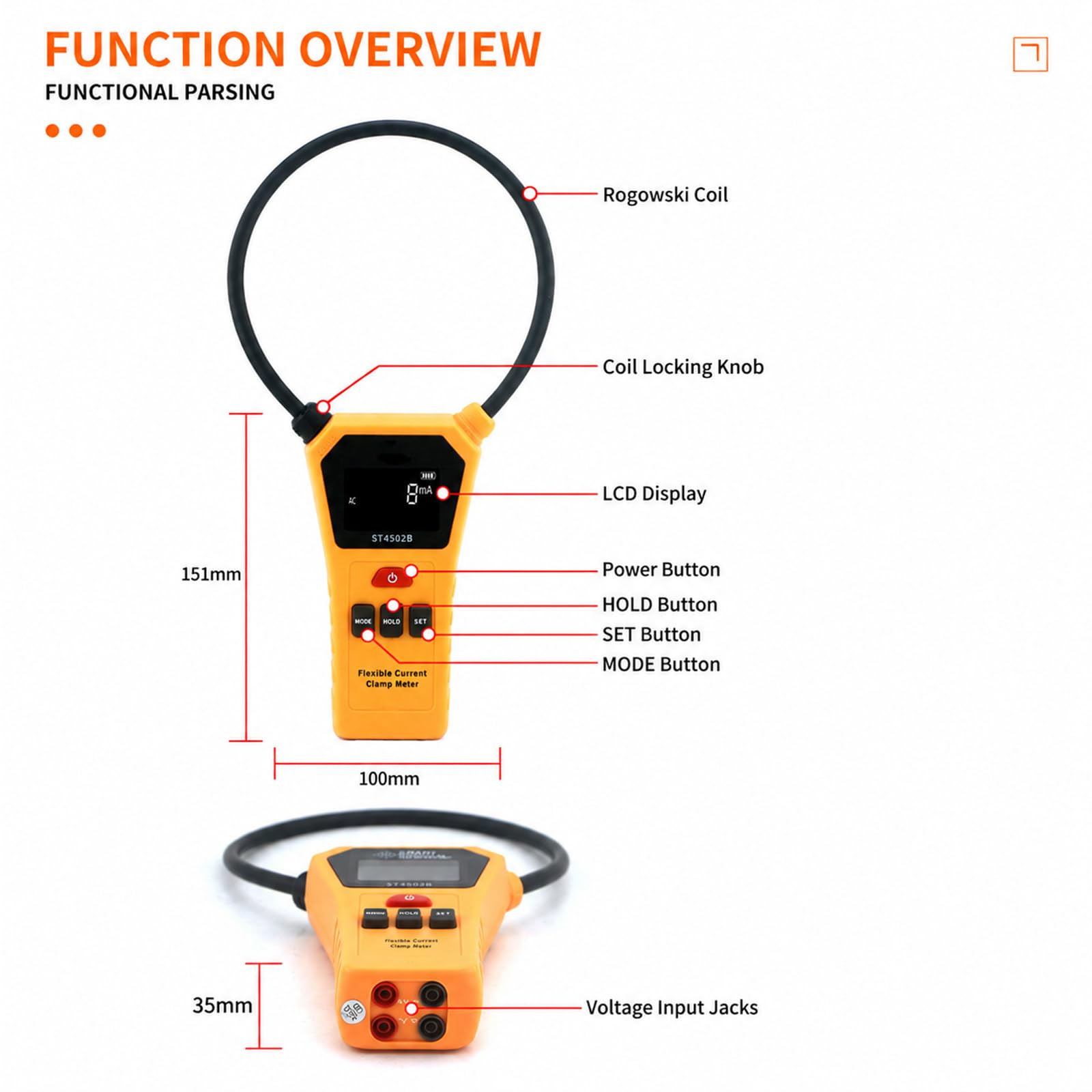 Pinza Amperimétrica Digital Flexible De Alta Precisión para Ca Y Comprobador De Corriente De Fuga; Máx. 12 000 A Ca, Almacenamiento De 500 Registros, con 2 Cables De ST4502B