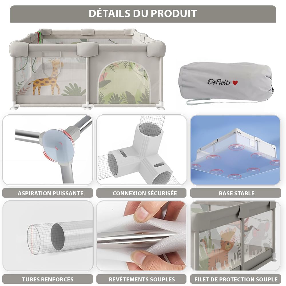 Parc pour bébé 120 x 120 cm - Parc bébé avec maille respirante et pliable antidérapant - Tapis rembourré + 4 anneaux + sac de transport