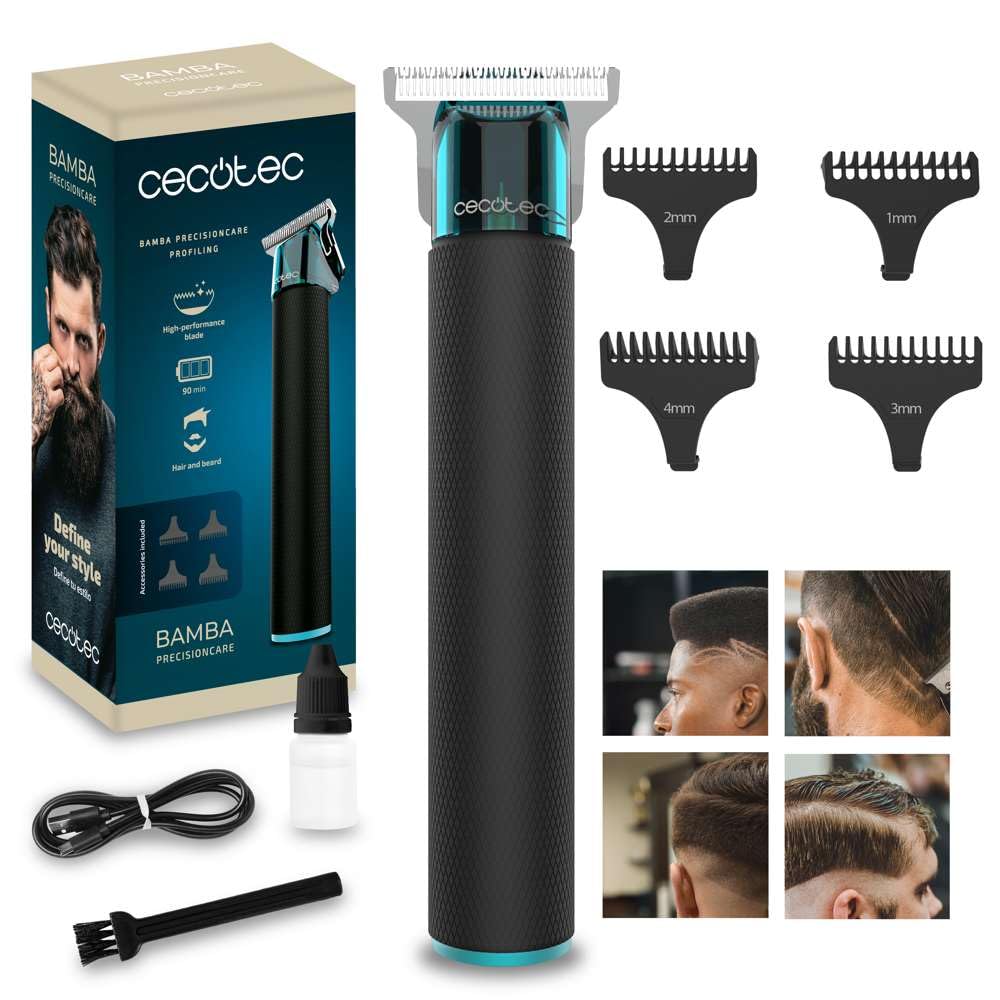 Cecotec Cortapelos y Perfiladora Profesional Bamba PrecisionCare Profiling, Cuchilla Afilada de Alto Rendimiento, 4 Peines Guia 1-4 mm, Cabello y Barba, Autonomía 90 min, Diseño Ergonómico, Negro