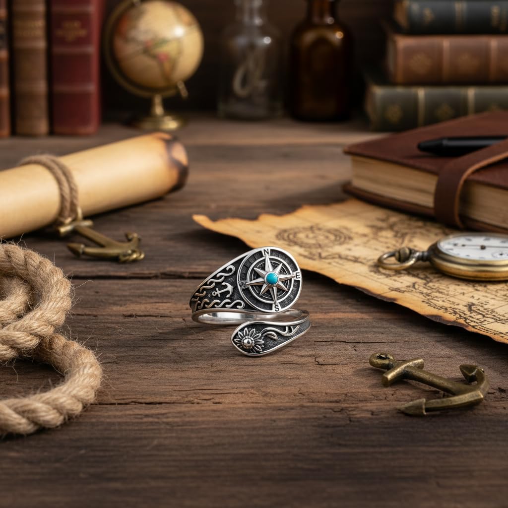 URONE Anillo giratorio de brújula de plata de ley 925 con brújula turquesa, anillo para envolver cucharas, anillos para la ansiedad, regalo para mujeres y amigas