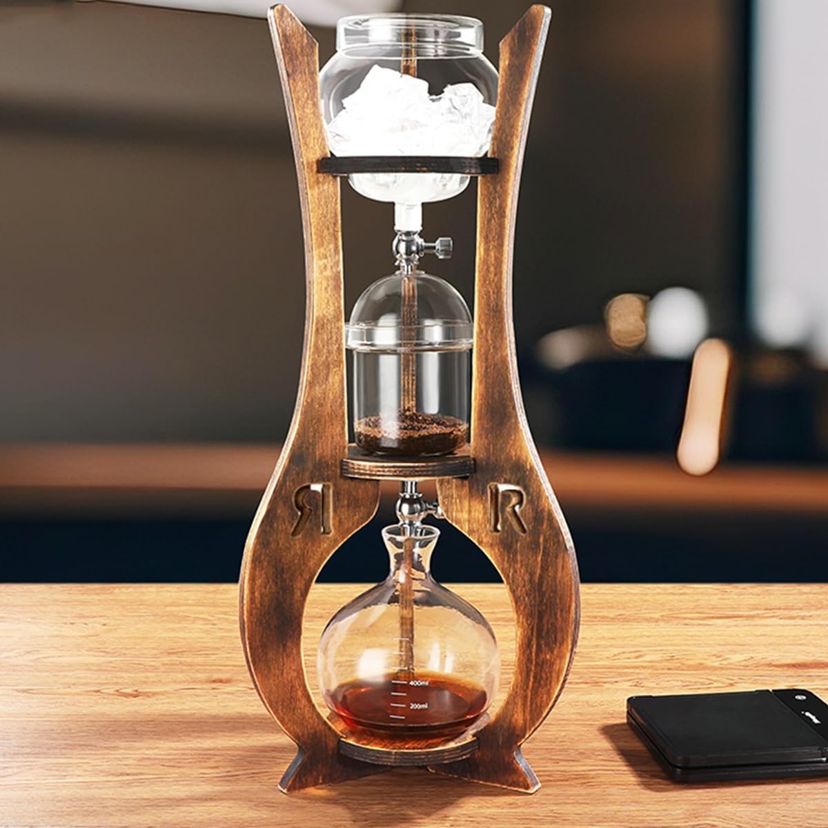 Double Valve Ice Drip Coffee Pot,Cold Brew Coffee Pot,600/1000ml Large Capacity,High Borosilicate Glass, Carbonized Wood Board,For Use in Offices and Homes(600ml)