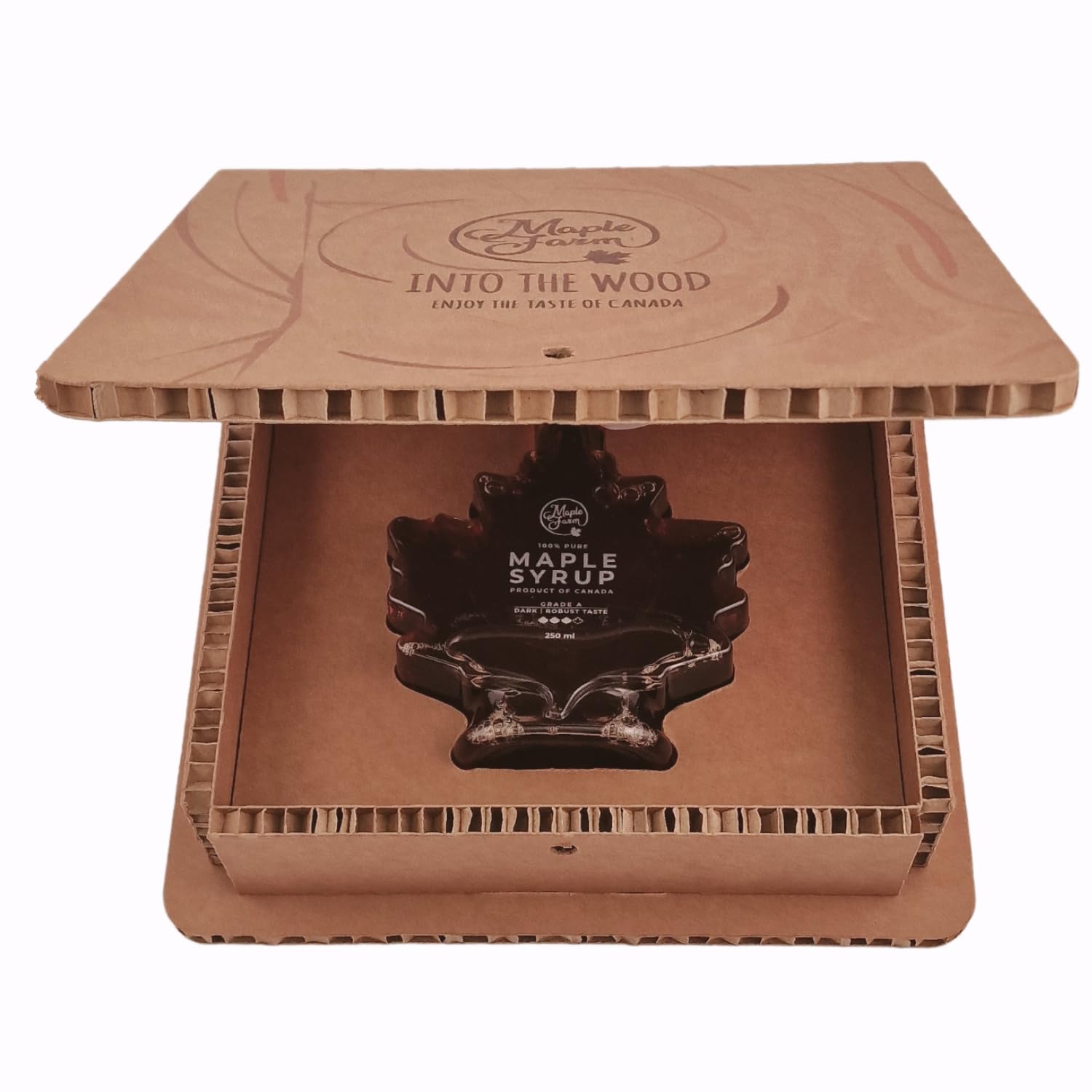 MapleFarm - Sirop d'érable canadien pur Grade A - GOÛT INTENSE - Saveur robuste - Bouteille en forme de feuille dans un coffret cadeau - 330g (250ml)