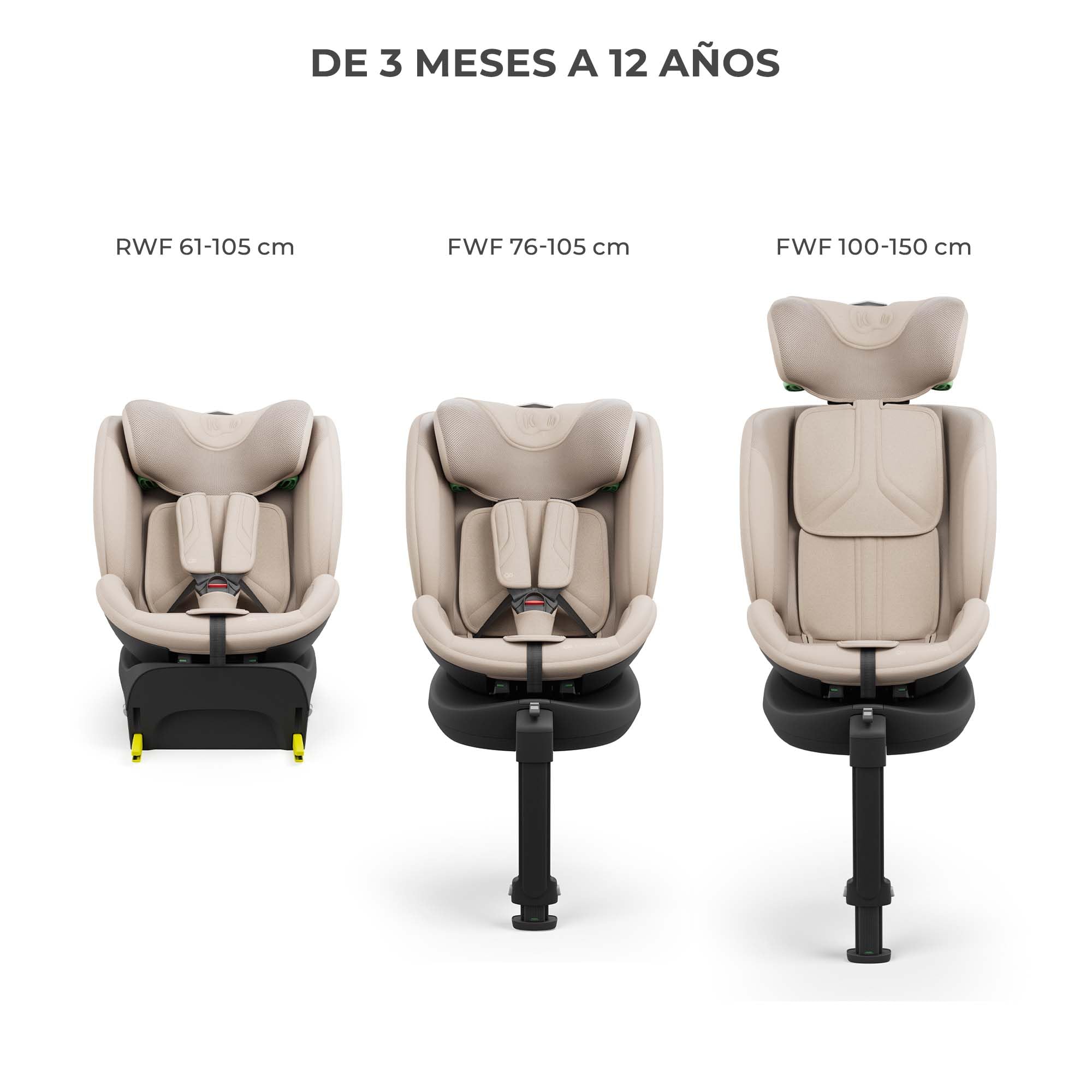 KINDERKRAFT ENDURA SAFE MODULAR SYSTEM, 3en1, Para niños y Bebés, Silla de coche para niños, Base giratoria, Ultraligera(3,2kg), Acolchado premium, Sistema de protección para la cabeza, Beige