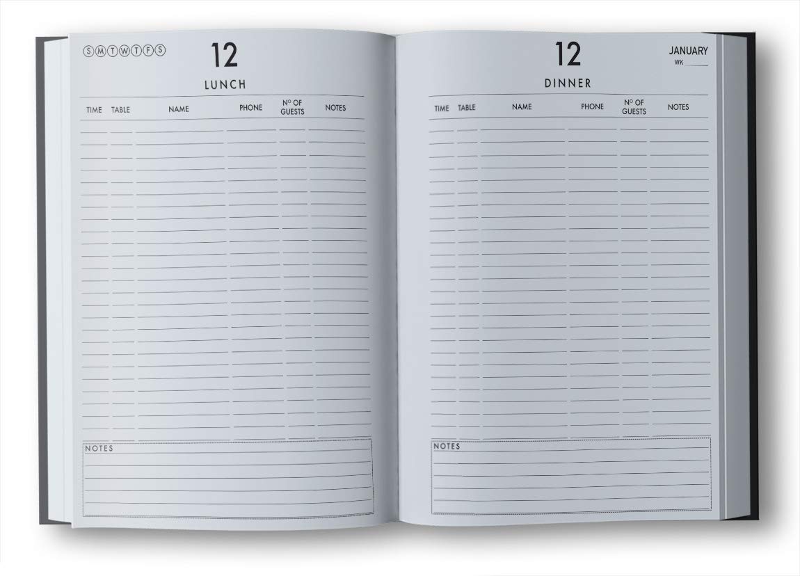Reservations Book: Hardcover Restaurant Reservations, Double Page per Day for Lunch and Dinner, 8.5x11",Black