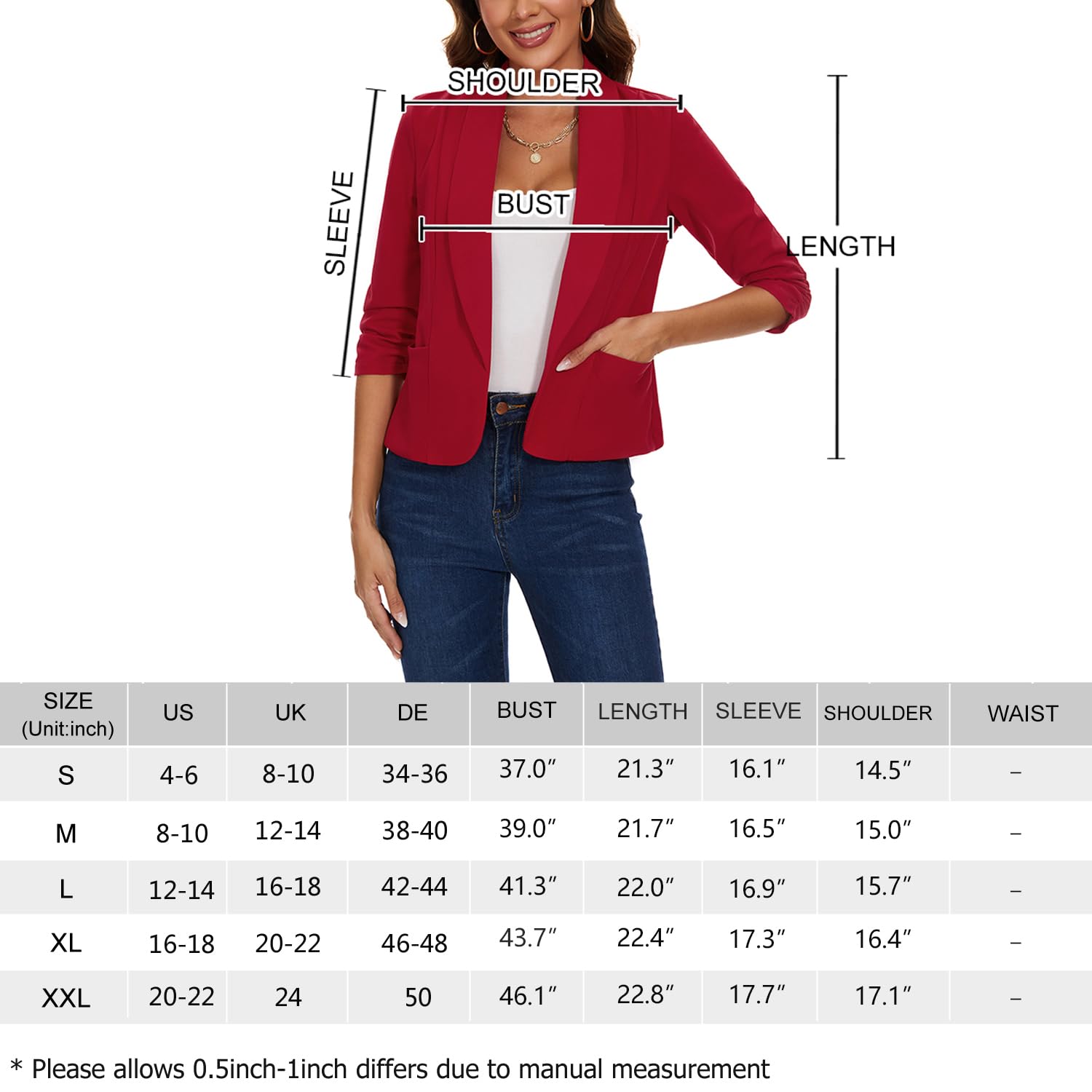 Blazer ouvert sur le devant pour femme - Veste de costume à manches 3/4 froncées - Cardigan décontracté avec poches plaquées