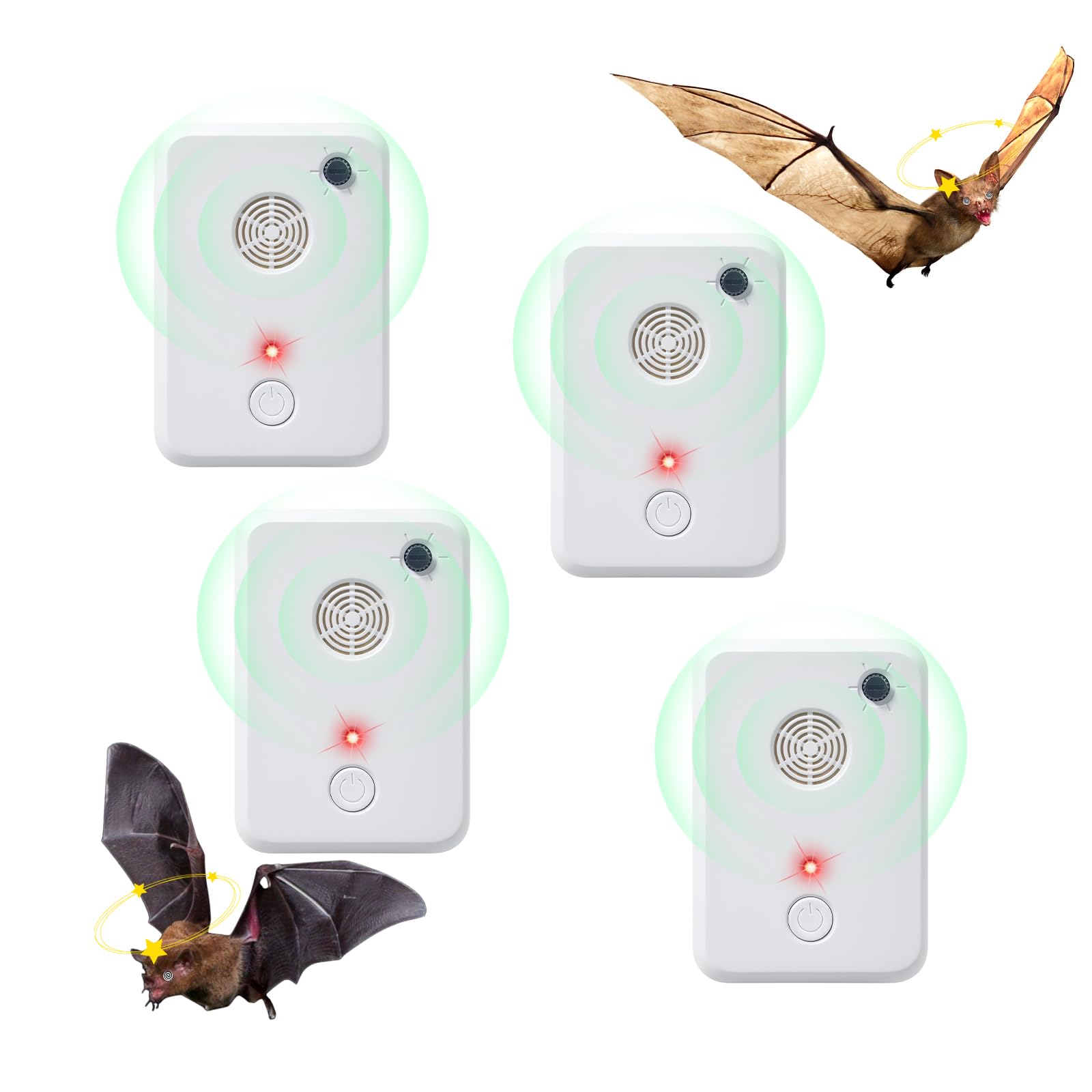 Paquete de 4 dispositivos repelentes ultrasónicos de murciélagos para ático o porche, dispositivo ajustable de exclusión de murciélagos para uso en interiores, amigable con humanos y mascotas (blanco)