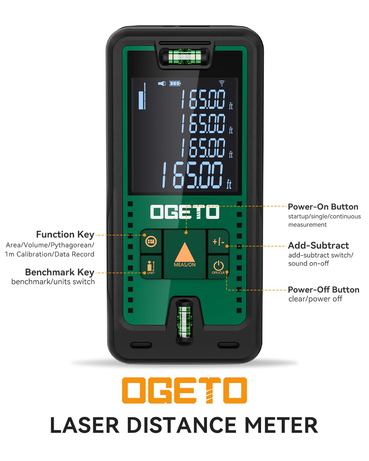 Laser Entfernungsmesser, OGETO Laser Entfernungsmesser mit LCD Hintergrundbeleuchtung, 99 Datensätze, M/In/Ft, Pythagoras/Abstand/Fläche/Volumen Messungen(2*AAA Batterien, IP54)