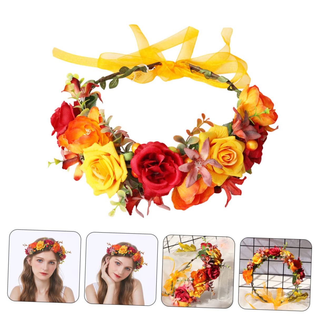 FRCOLOR 4 Piezas Diadema De Flores Artificiales Cintas Para El Cabello Para Mujeres Guirnalda De Flores Artificiales Diademas De Niñas Diademas Para Niñas Tela Hojas Verdes Rosa Novia