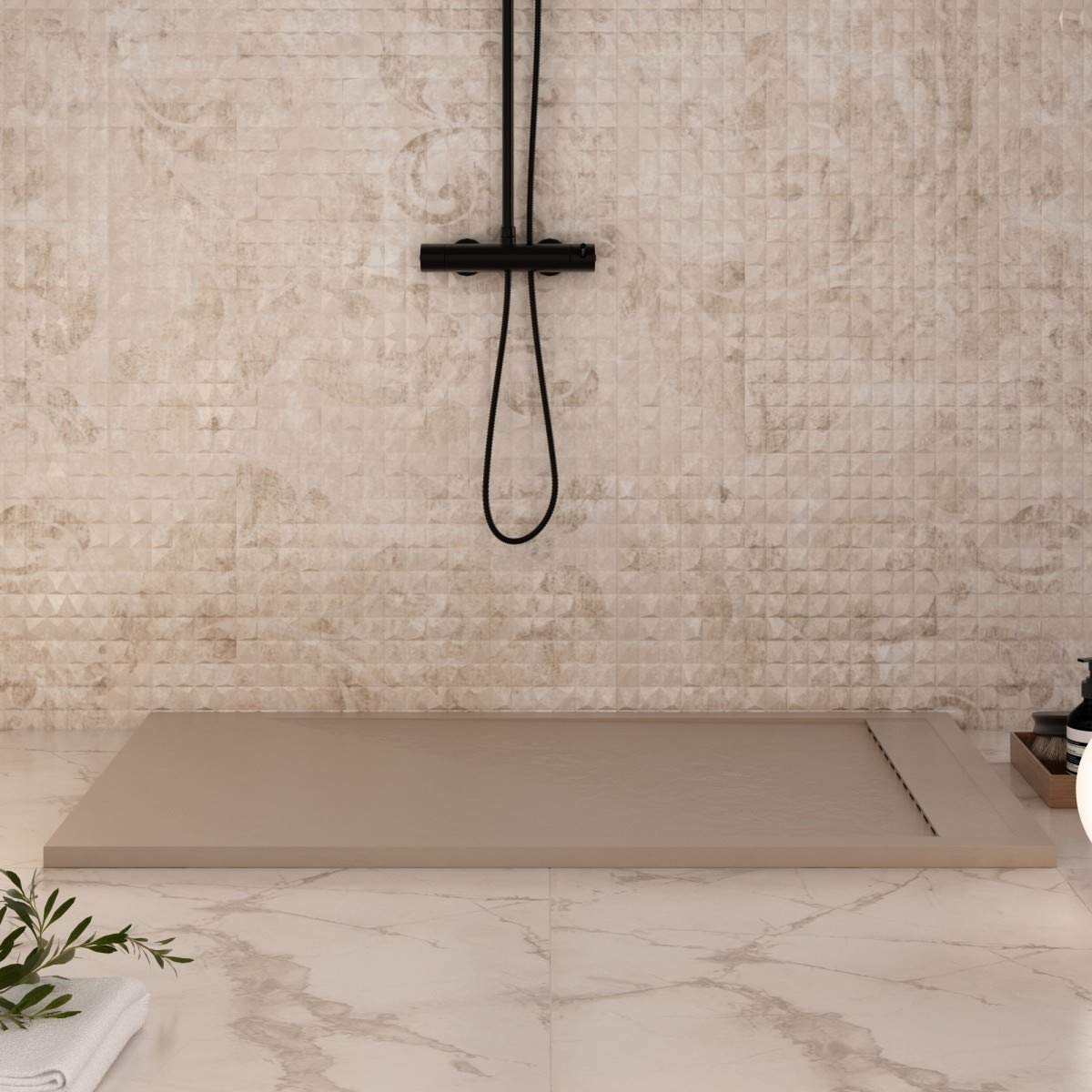 Luminosa ArredoBagno Piatto Doccia Resina 140x70 - Effetto Pietra Antiscivolo con GELCOAT - Modello Luxury Moka - Griglia in Tinta Unita e piletta Incluse