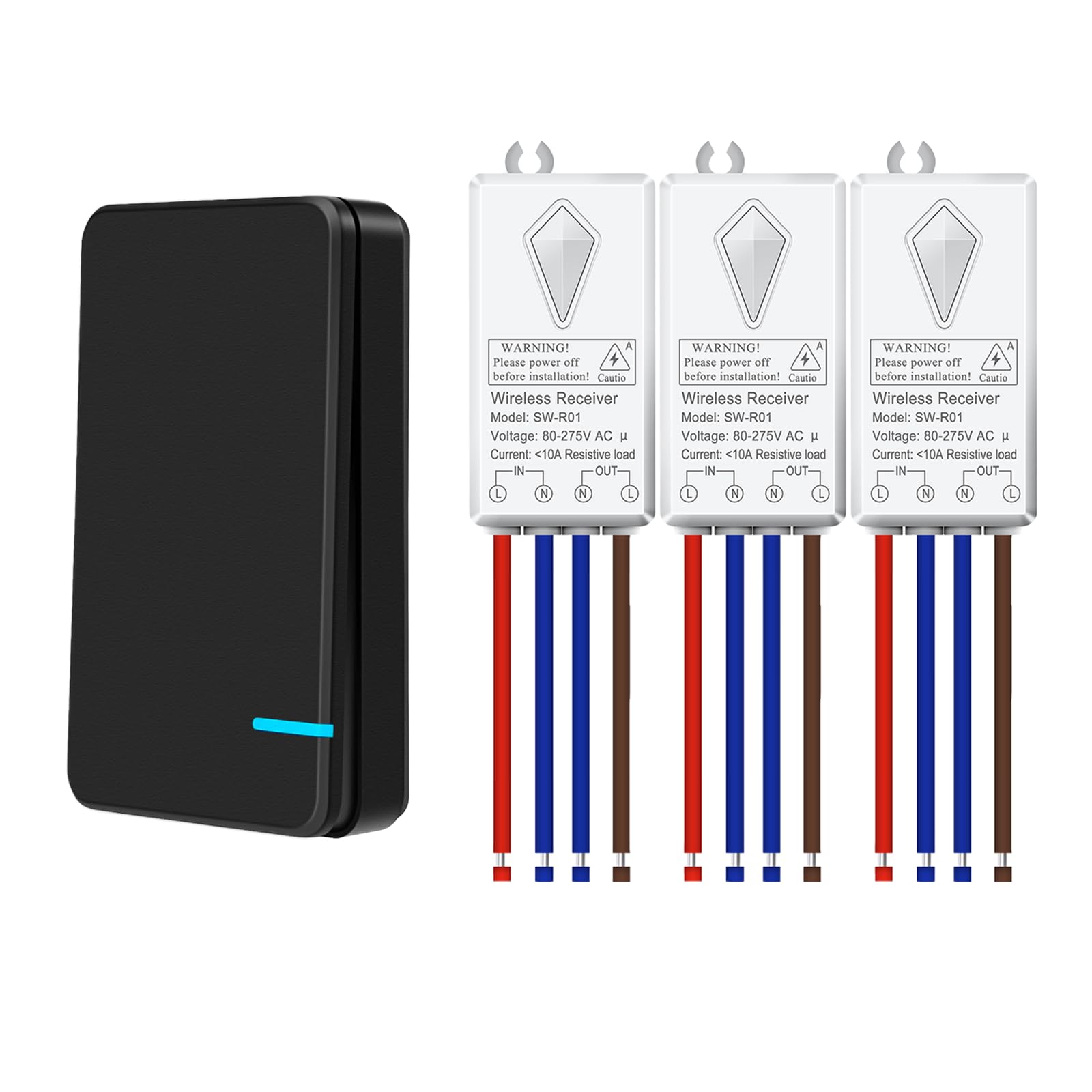 NineLeaf Wireless Light Switch and Receiver Kit Black,No Wiring No Interference,400m Range,Remote Control Light Switch for Lamps,Ceiling Lights,Fans,IP66 Waterproof for Outdoor Lighting,3 Receiver