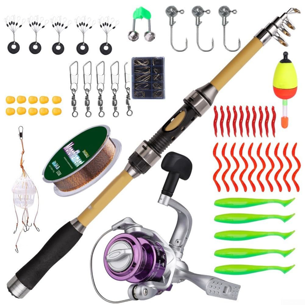 Canne à pêche télescopique et moulinet pour Combo 1,8 m 56 pièces Kit portable en fibre de verre pour débutants, bar, truite, voyage côtier