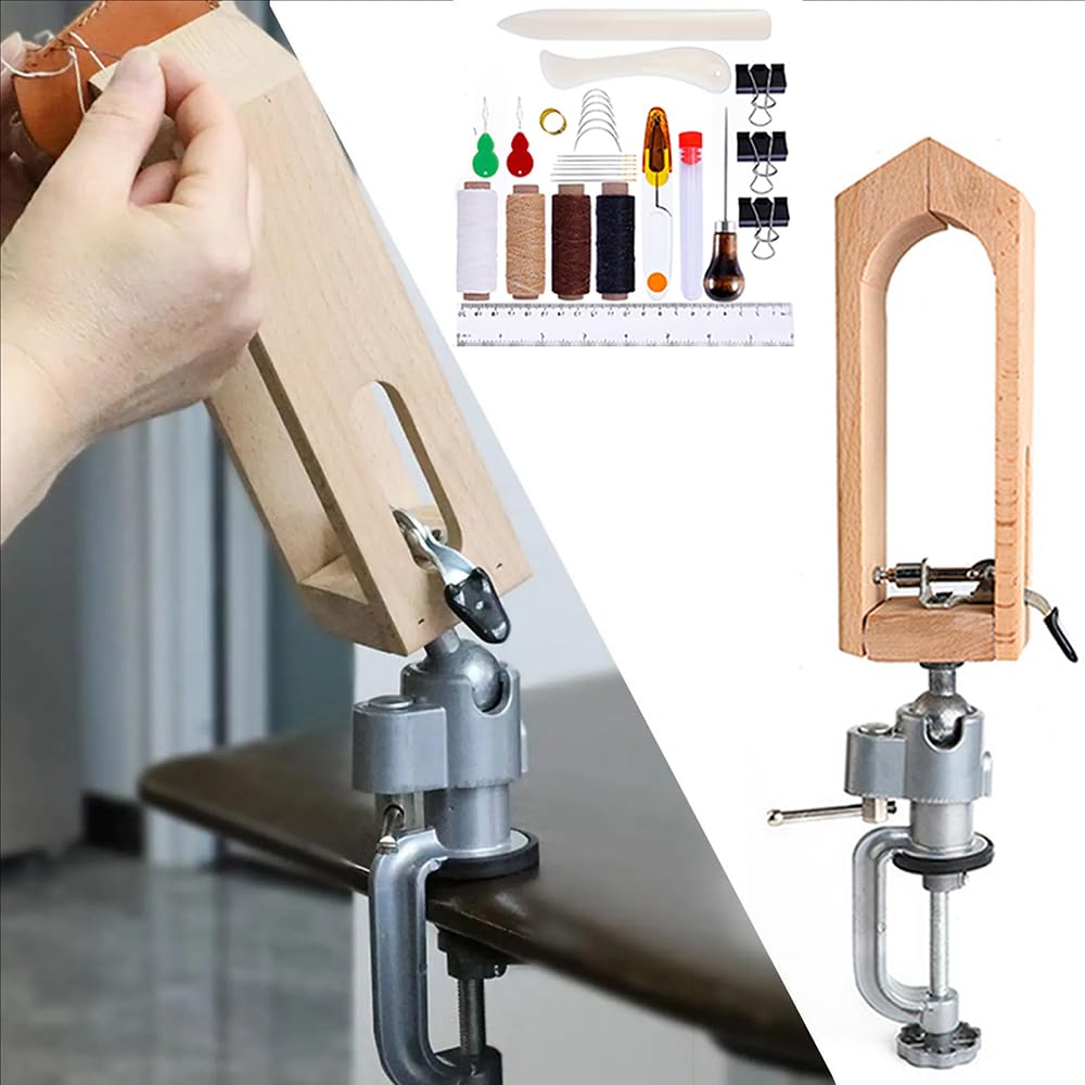 Strumenti per Cucire Supporto in legno Regolabile,Cucitura a Mano Craft Cucito Pony Horse Strumento,morsetti in pelle e clip da lavoro in pelle,29pcs 360°in qualsiasi direzione per DIY Cucito Cucitura