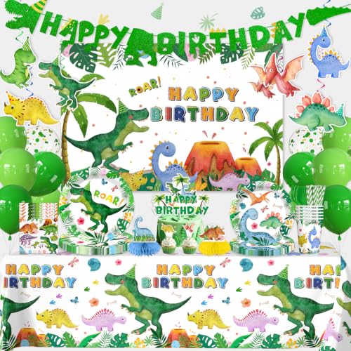 Image of 206Pcs cocomigo Dinosaur Birthday Decorations Tableware Set, 25 Serves