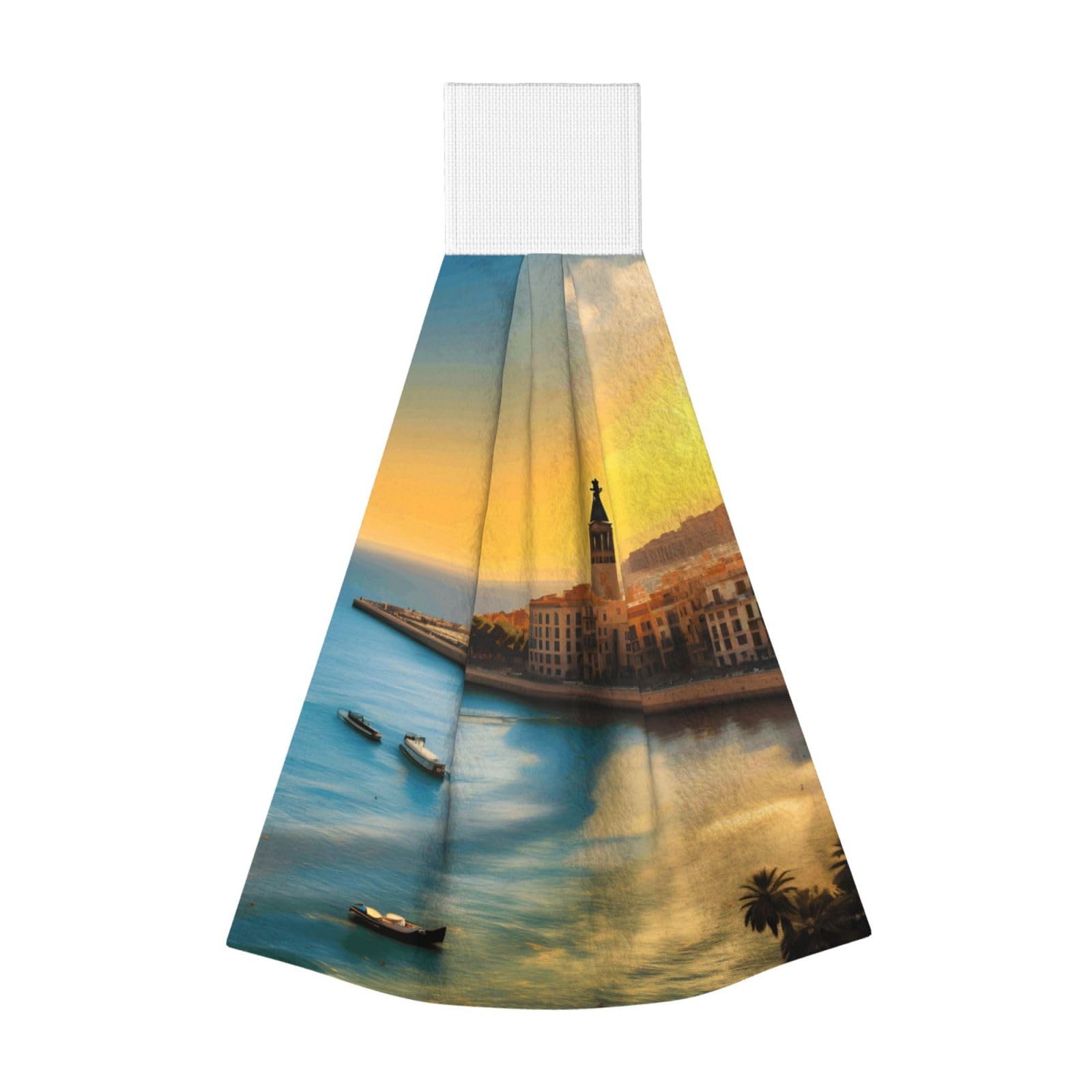 WUPngg Sunset in Barcelona Bathroom Tie Towels/Dish Cloth,Kitchen Hanging Towel, Coral Fleece Dry Cleaning Hand Dishcloths One Size